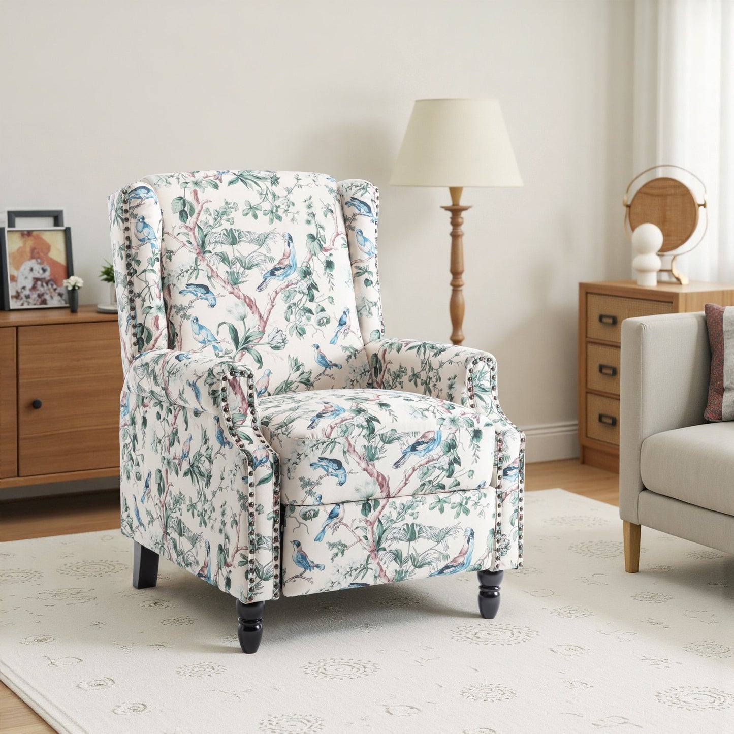 Fauteuil inclinable manuel à dossier relevable en lin vintage floral de 29 po de largeur