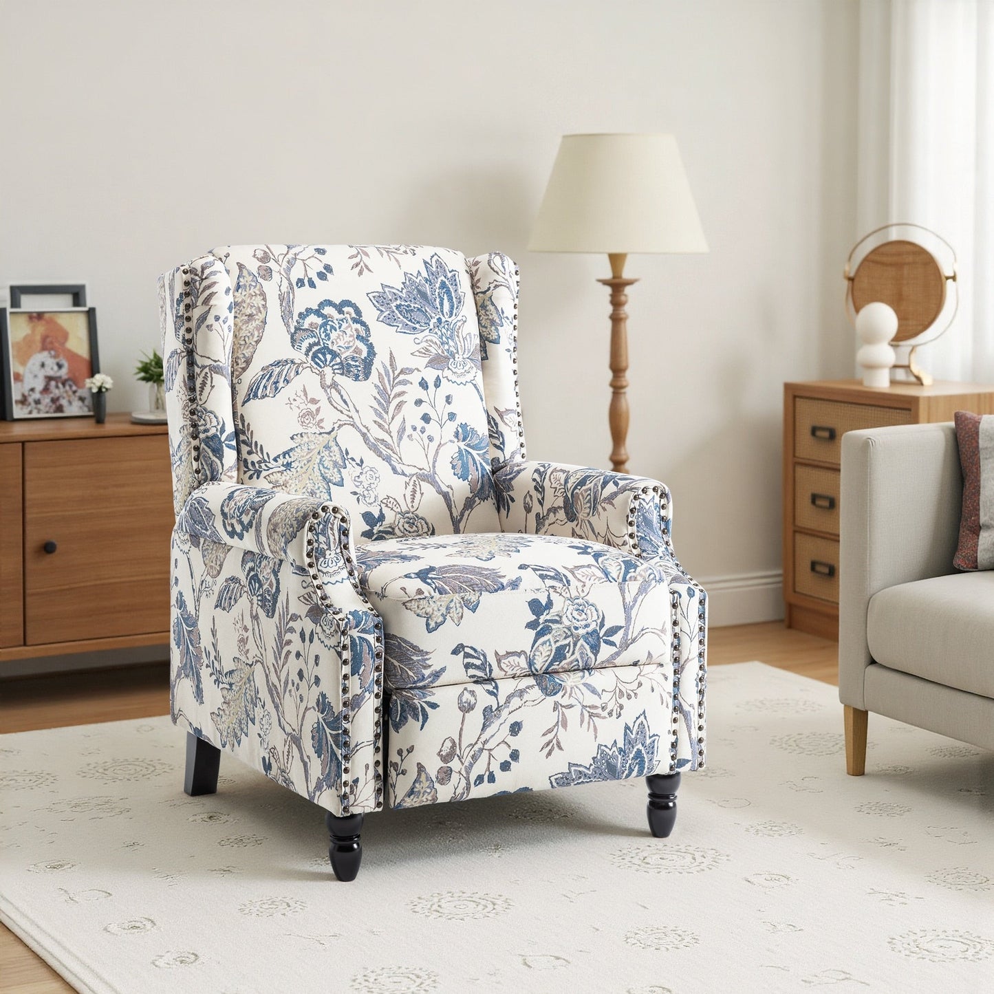 Fauteuil inclinable manuel à dossier relevable en lin vintage floral de 29 po de largeur