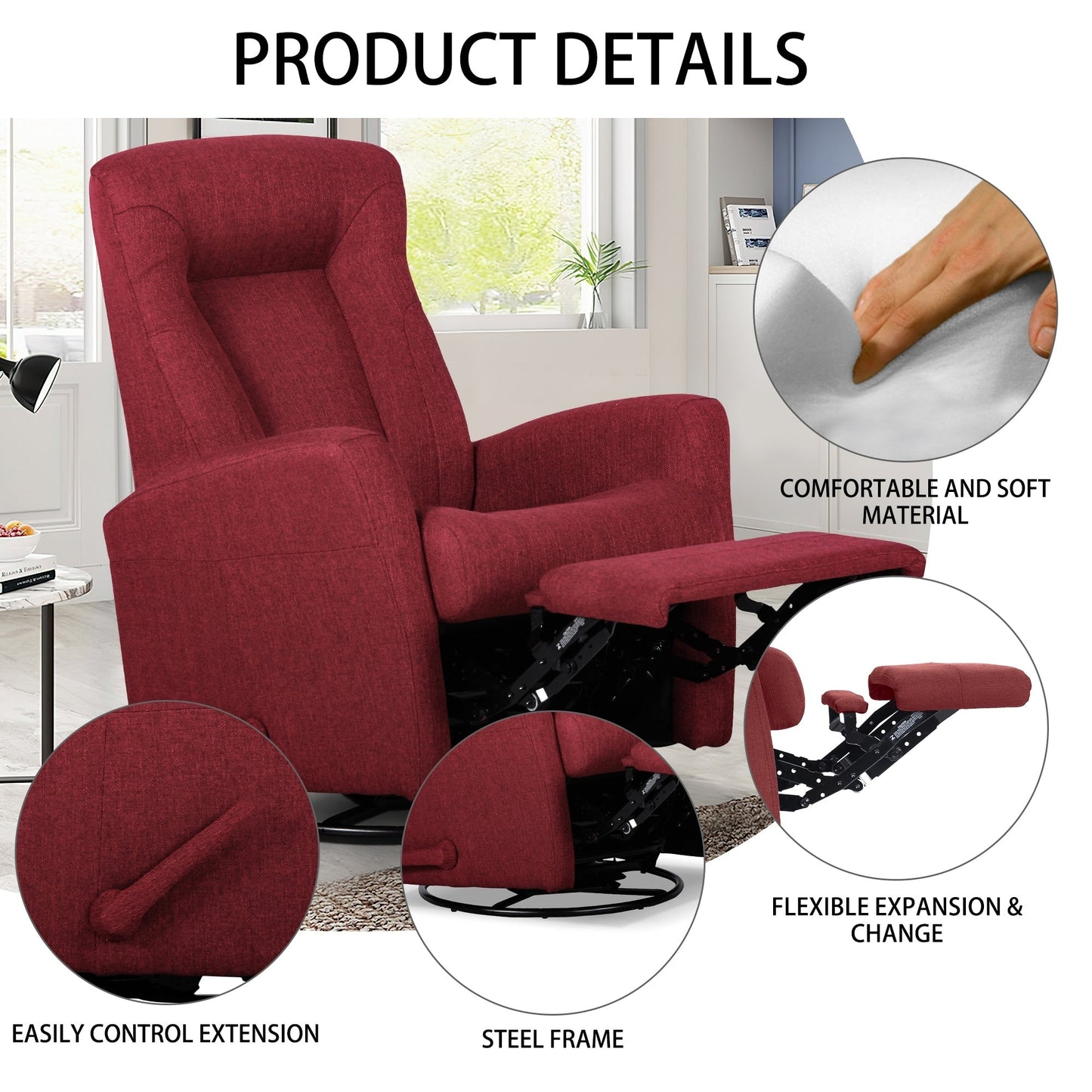 Fauteuil inclinable pivotant à bascule de 29,5 pouces de largeur