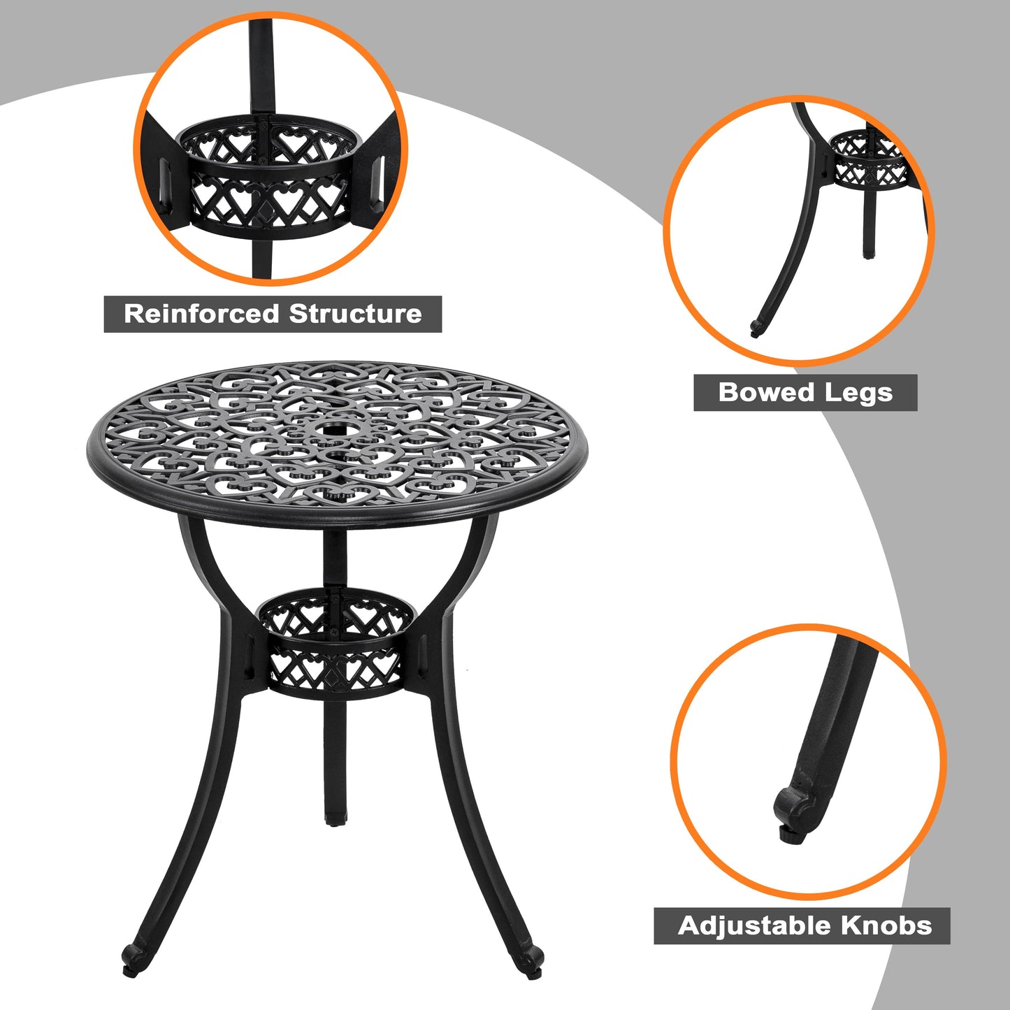 Ensemble de bistrot d'extérieur 3 pièces, ensemble de patio en fonte d'aluminium avec trou pour parasol