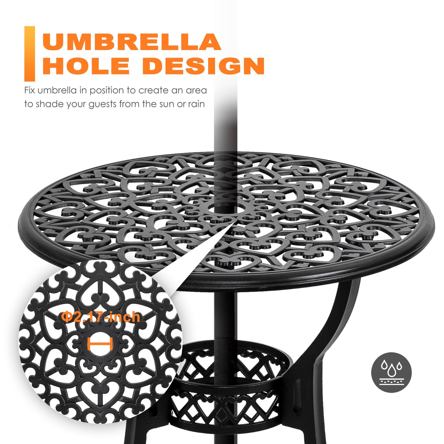 Ensemble de bistrot d'extérieur 3 pièces, ensemble de patio en fonte d'aluminium avec trou pour parasol