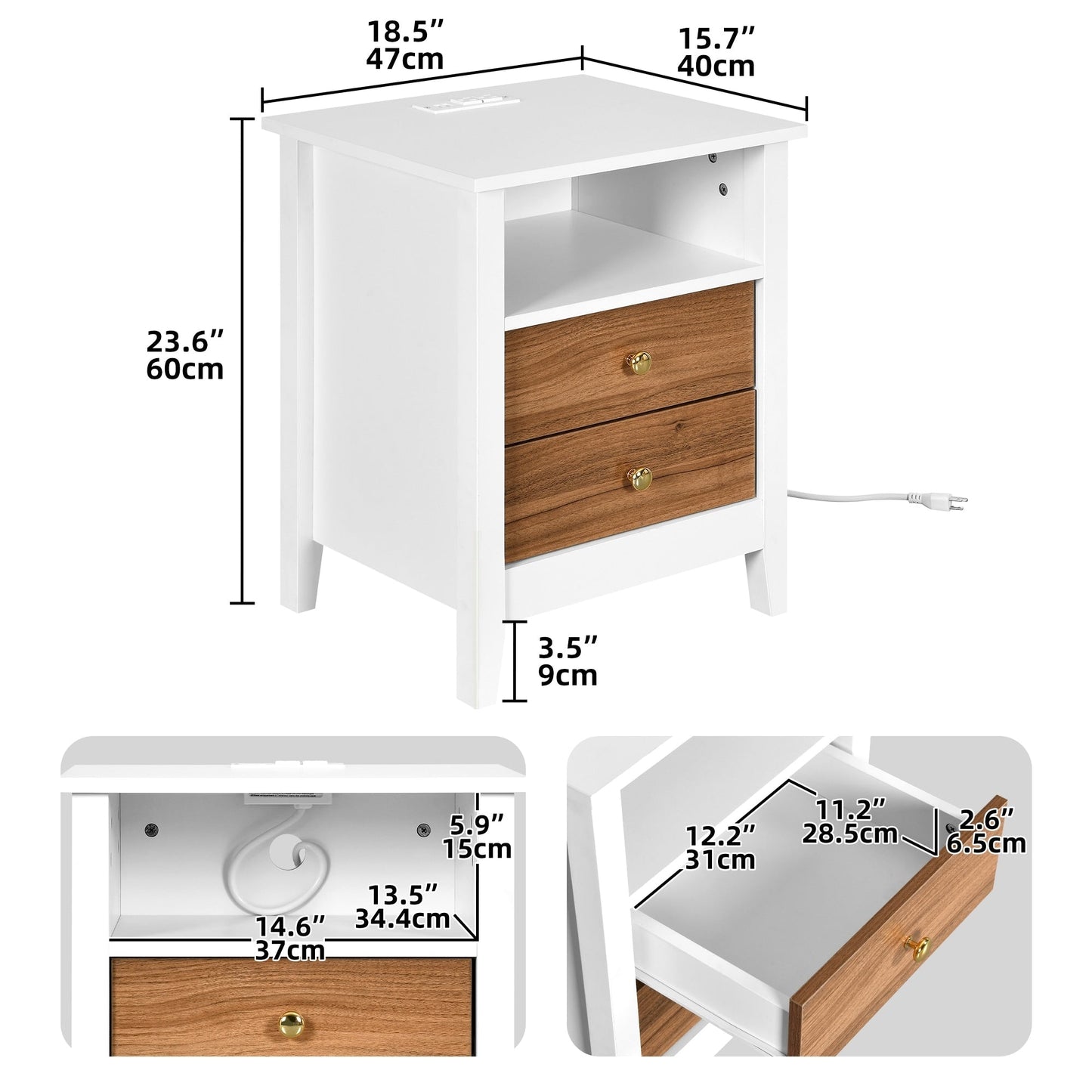 Ensemble de 2 tables de chevet avec station de charge, table d'appoint avec 2 tiroirs, ports et prises USB, table de chevet