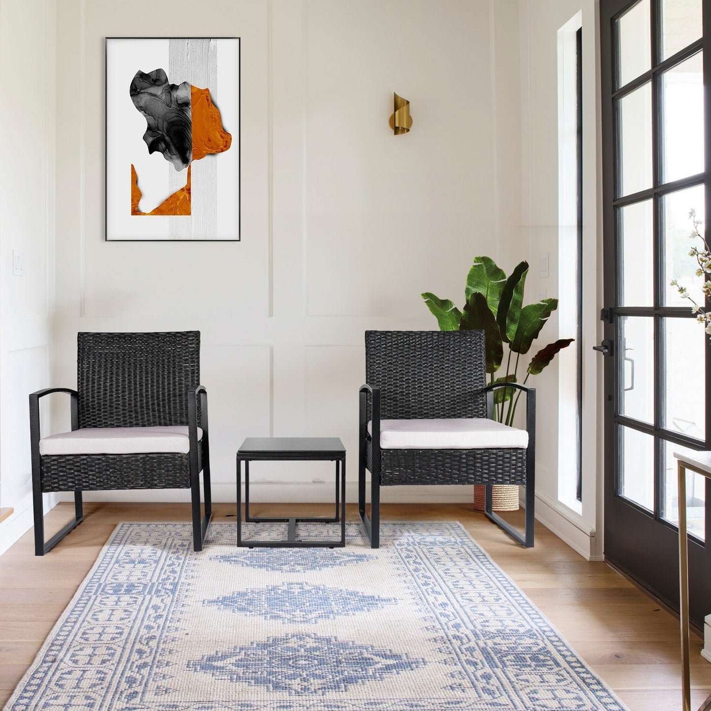 Ensemble de bistrot de jardin 3 pièces avec table en verre et salon de jardin en rotin pour véranda, jardin et balcon