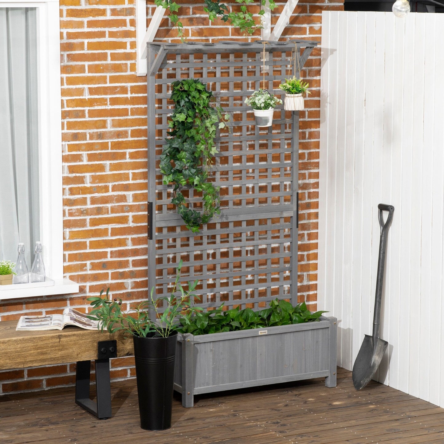Jardinière en bois Outsunny avec treillis, plate-bande surélevée pour plantes grimpantes avec trous de drainage et toit