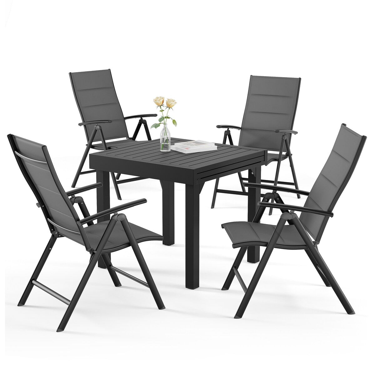 Ensemble de salle à manger de patio 3/5/7 pièces, table extensible en aluminium, chaise pliante rembourrée réglable