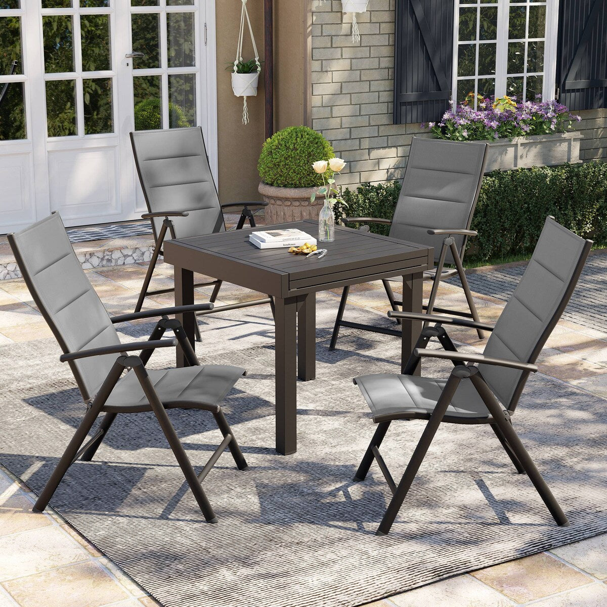 Ensemble de salle à manger de patio 3/5/7 pièces, table extensible en aluminium, chaise pliante rembourrée réglable