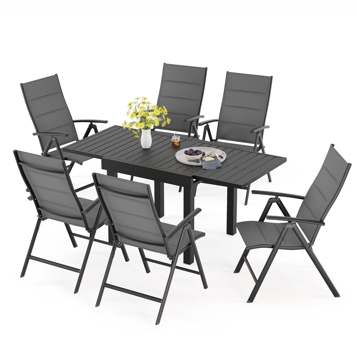 Ensemble de salle à manger de patio 3/5/7 pièces, table extensible en aluminium, chaise pliante rembourrée réglable
