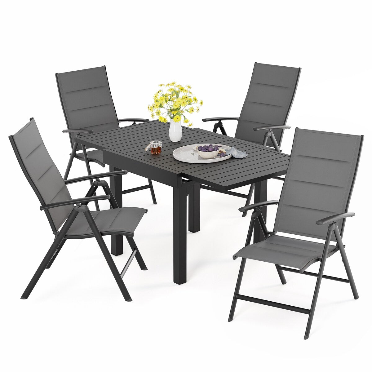 Ensemble de salle à manger de patio 3/5/7 pièces, table extensible en aluminium, chaise pliante rembourrée réglable