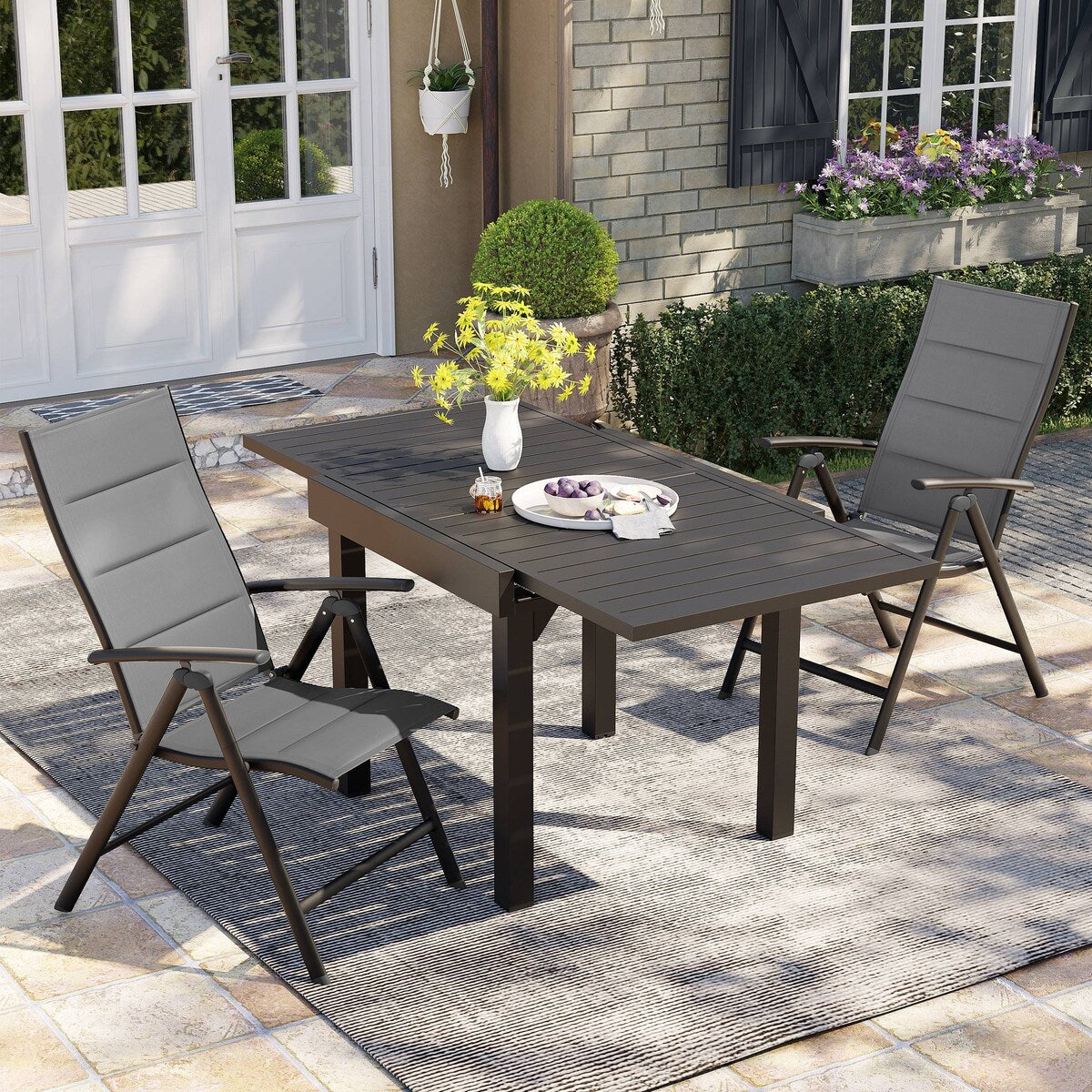 Ensemble de salle à manger de patio 3/5/7 pièces, table extensible en aluminium, chaise pliante rembourrée réglable