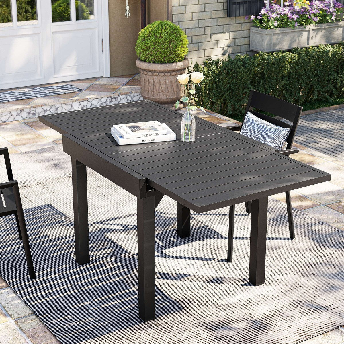 Ensemble de salle à manger de patio 3/5/7 pièces, table extensible en aluminium, chaise pliante rembourrée réglable