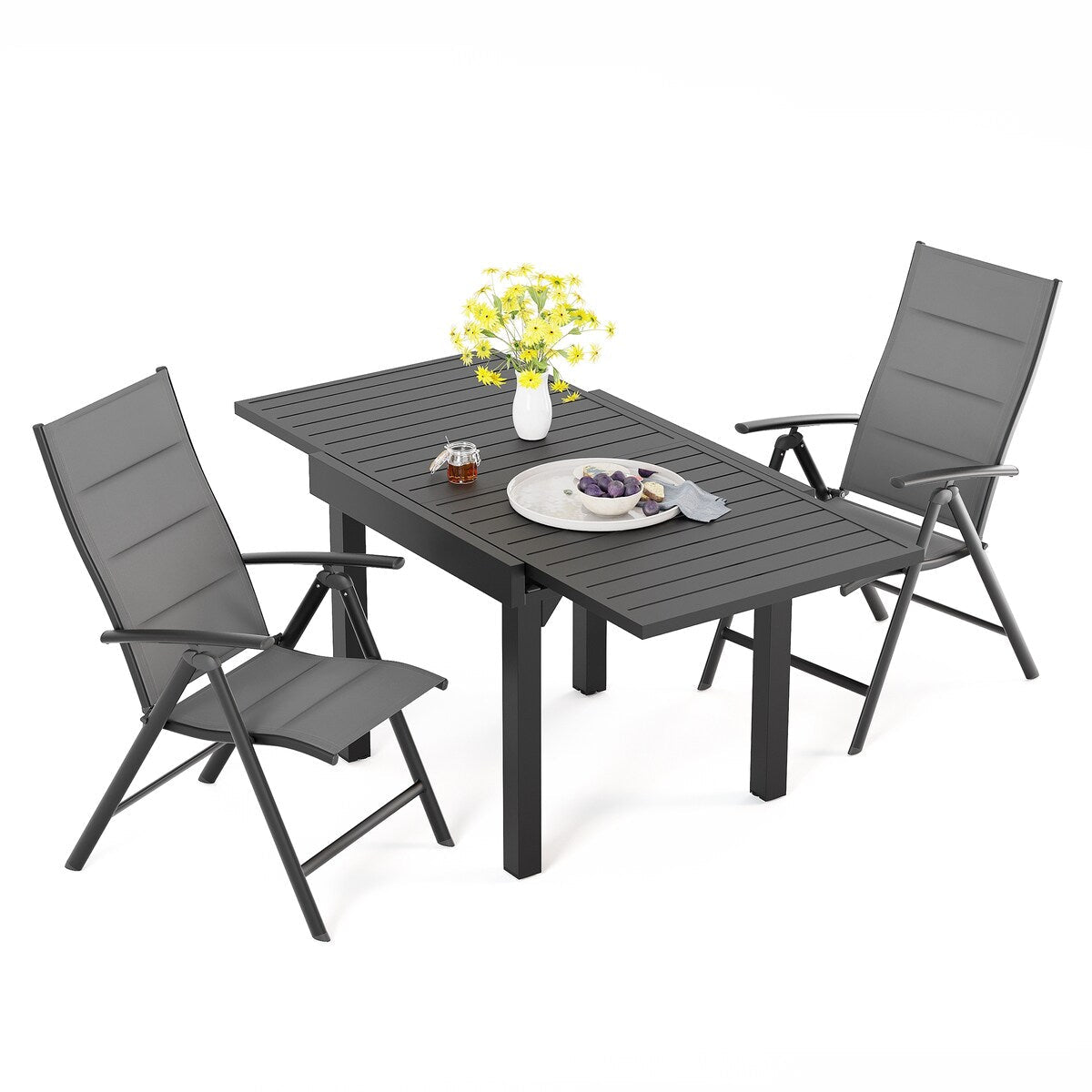Ensemble de salle à manger de patio 3/5/7 pièces, table extensible en aluminium, chaise pliante rembourrée réglable