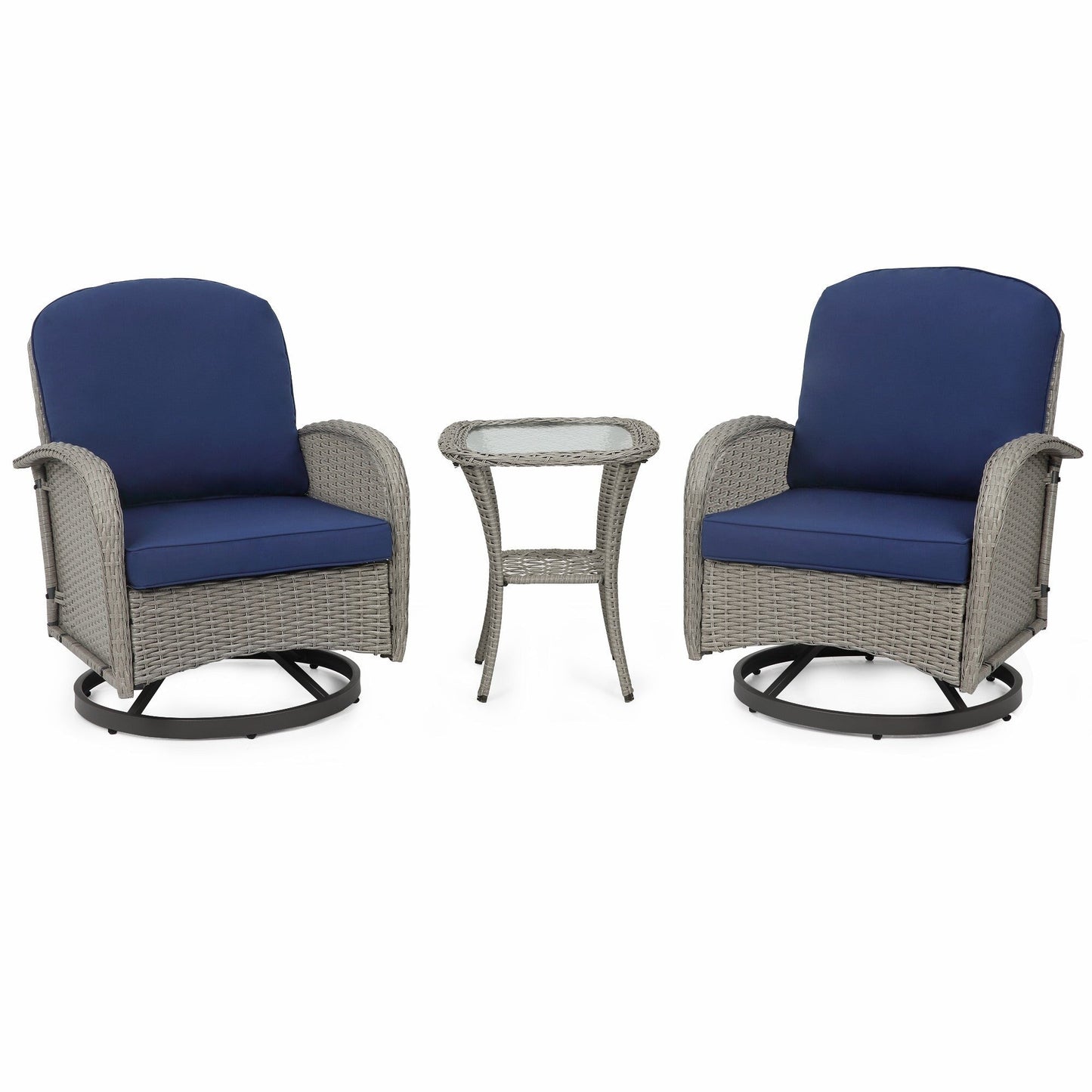 Ensemble de meubles de patio 3 pièces, ensemble bistrot pivotant d'extérieur avec chaises à bascule en osier et table basse en verre