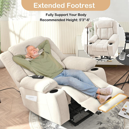 Fauteuil releveur électrique pour personnes âgées, fauteuil releveur en tissu avec repose-pieds allongé, 2 porte-gobelets, poches latérales et télécommande.