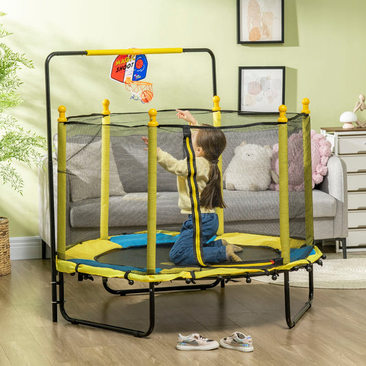 Trampoline Qaba 4,6' pour enfants avec panier de basket, barre horizontale, trampoline d'intérieur 55 pouces avec filet
