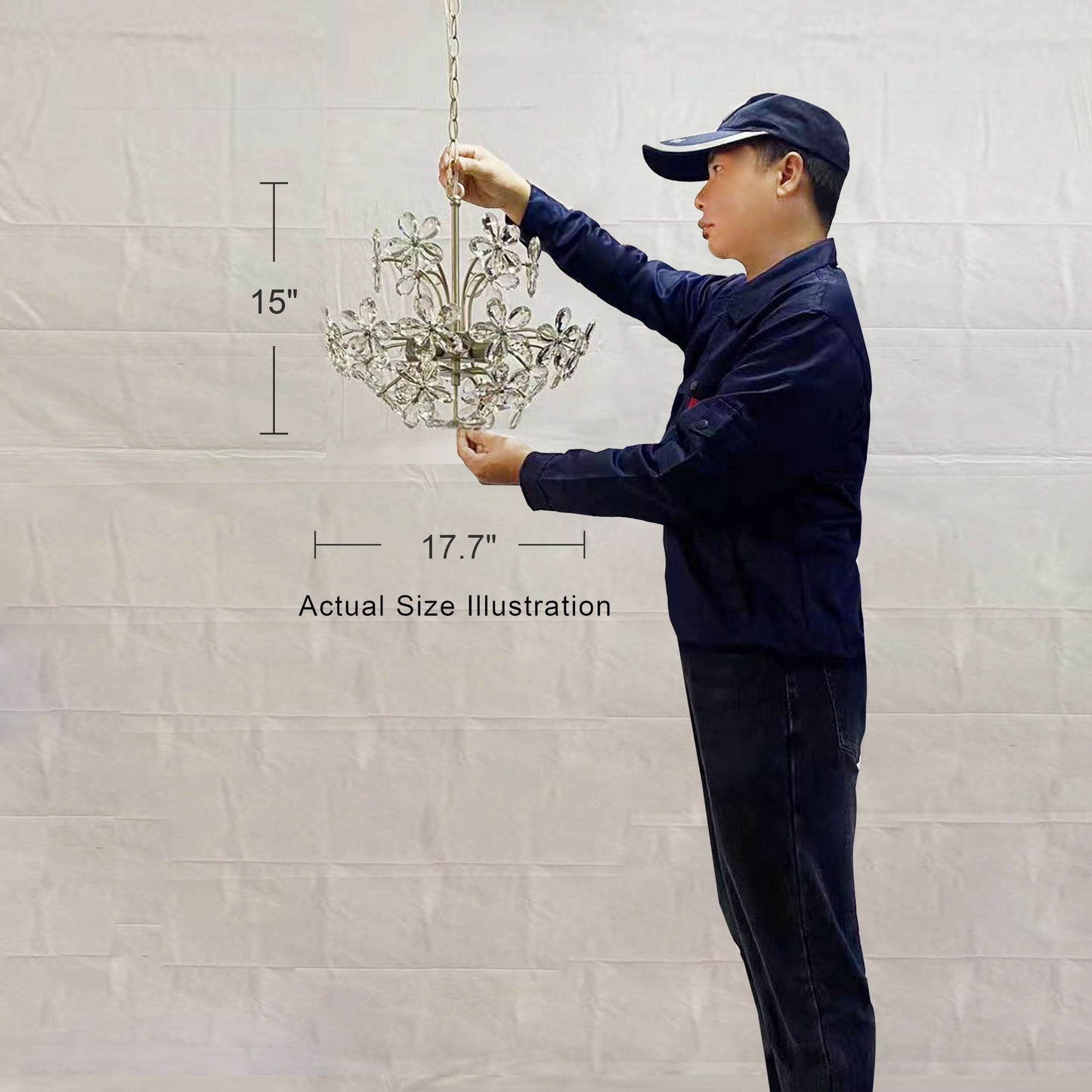 Lustre Rosa à 6 lumières en cristal argenté brossé, motif fleur de champagne