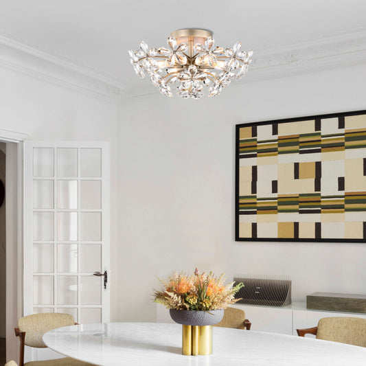 Plafonnier Rosa à 6 lumières en cristal argenté brossé, motif fleur de champagne - 45 cm de diamètre x 22 cm de hauteur