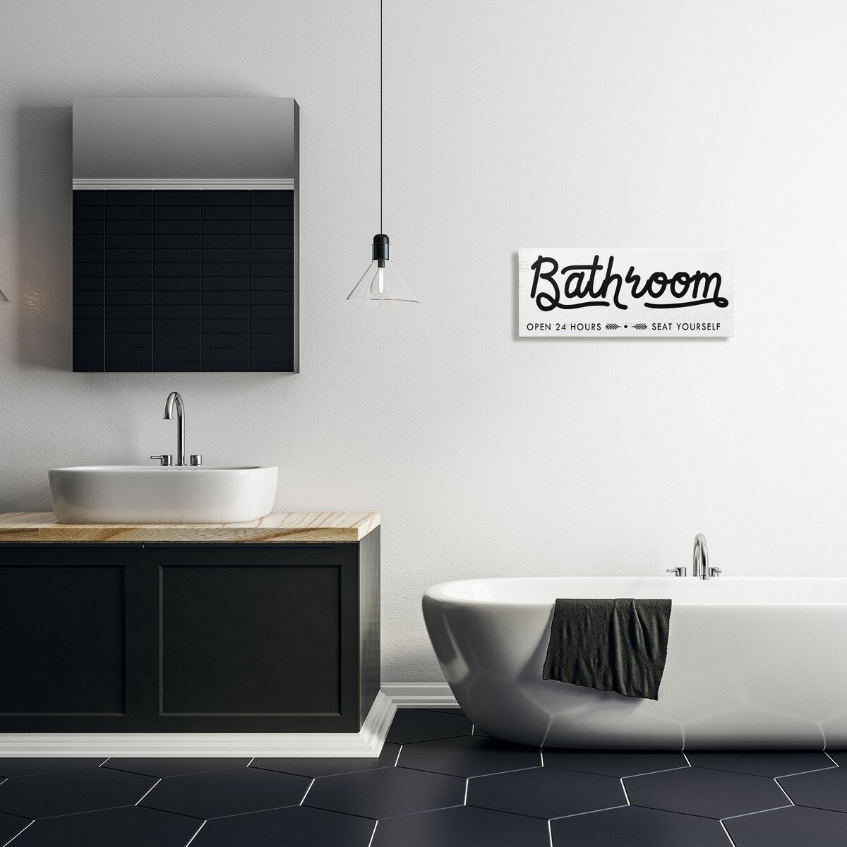 Stupell - Panneau de salle de bain « Asseyez-vous » - Toile murale minimaliste noire et blanche