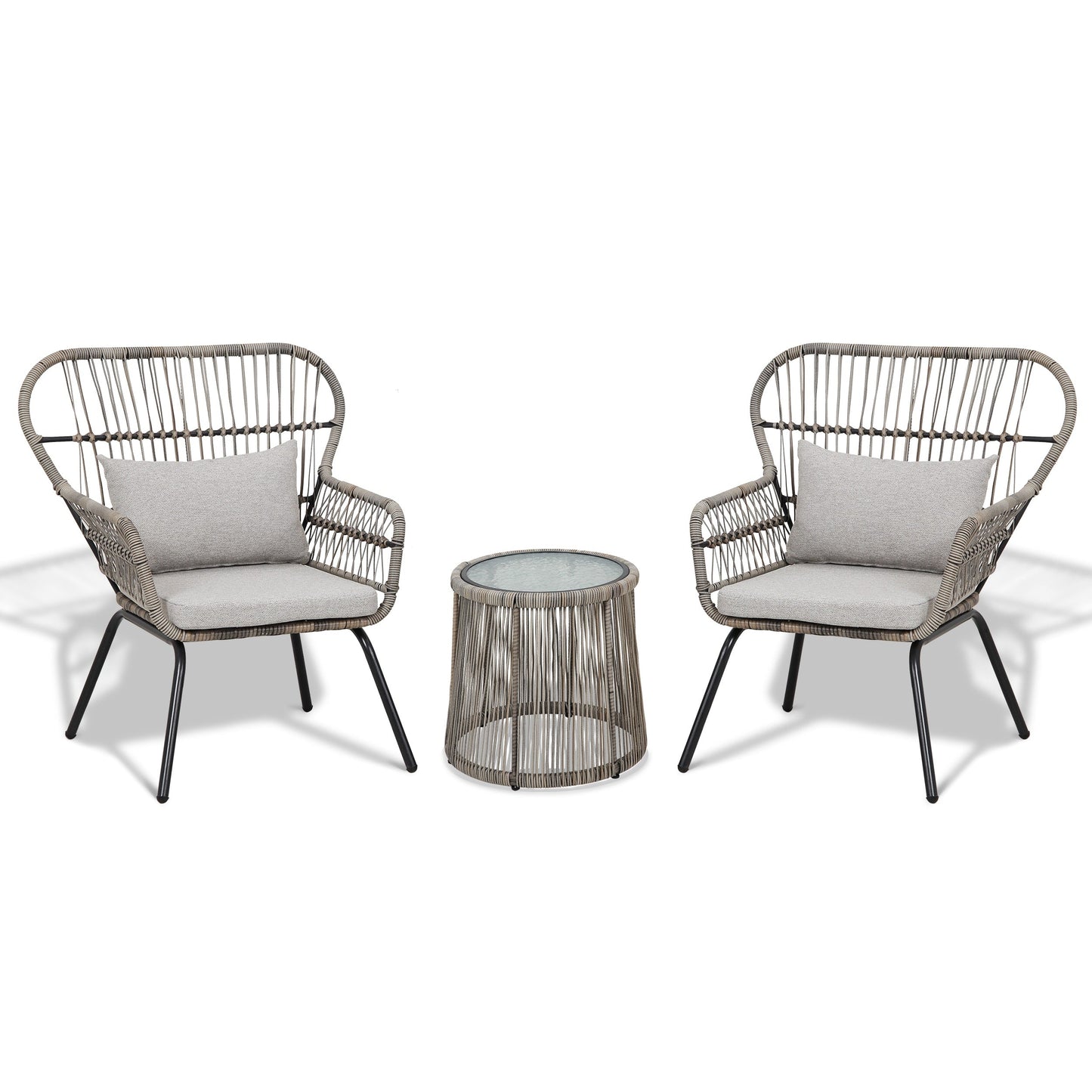 Ensemble de bistrot d'extérieur 3 pièces en osier, mobilier de jardin en rotin résistant aux intempéries, chaises de jardin avec coussins