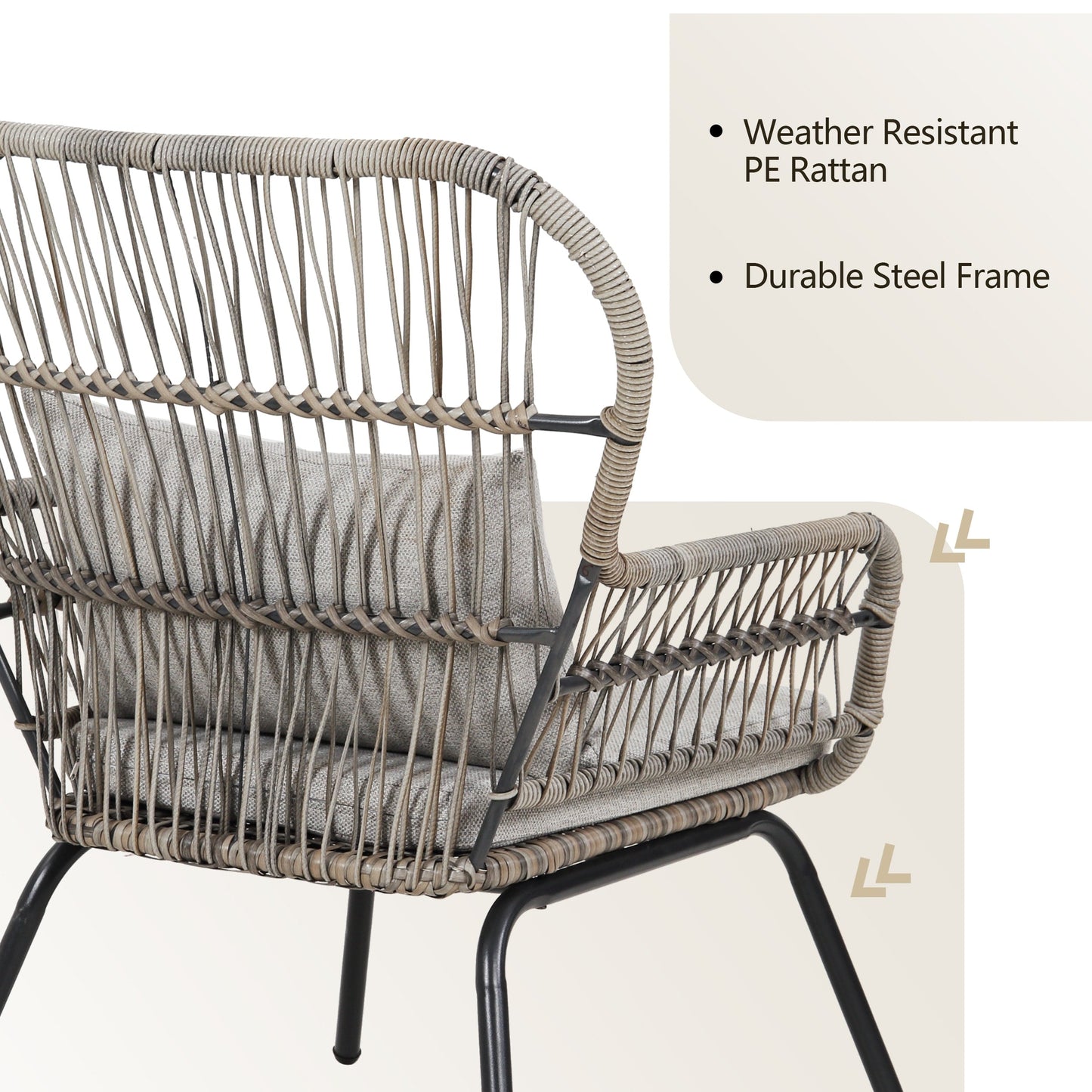 Ensemble de bistrot d'extérieur 3 pièces en osier, mobilier de jardin en rotin résistant aux intempéries, chaises de jardin avec coussins