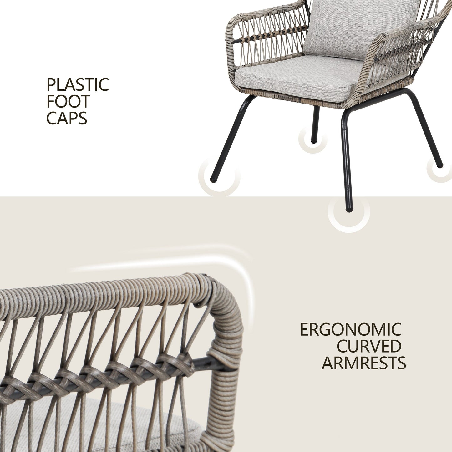 Ensemble de bistrot d'extérieur 3 pièces en osier, mobilier de jardin en rotin résistant aux intempéries, chaises de jardin avec coussins