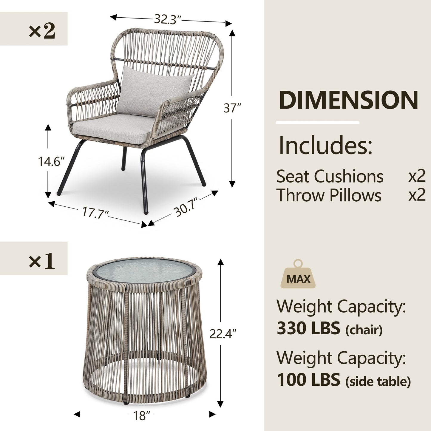 Ensemble de bistrot d'extérieur 3 pièces en osier, mobilier de jardin en rotin résistant aux intempéries, chaises de jardin avec coussins