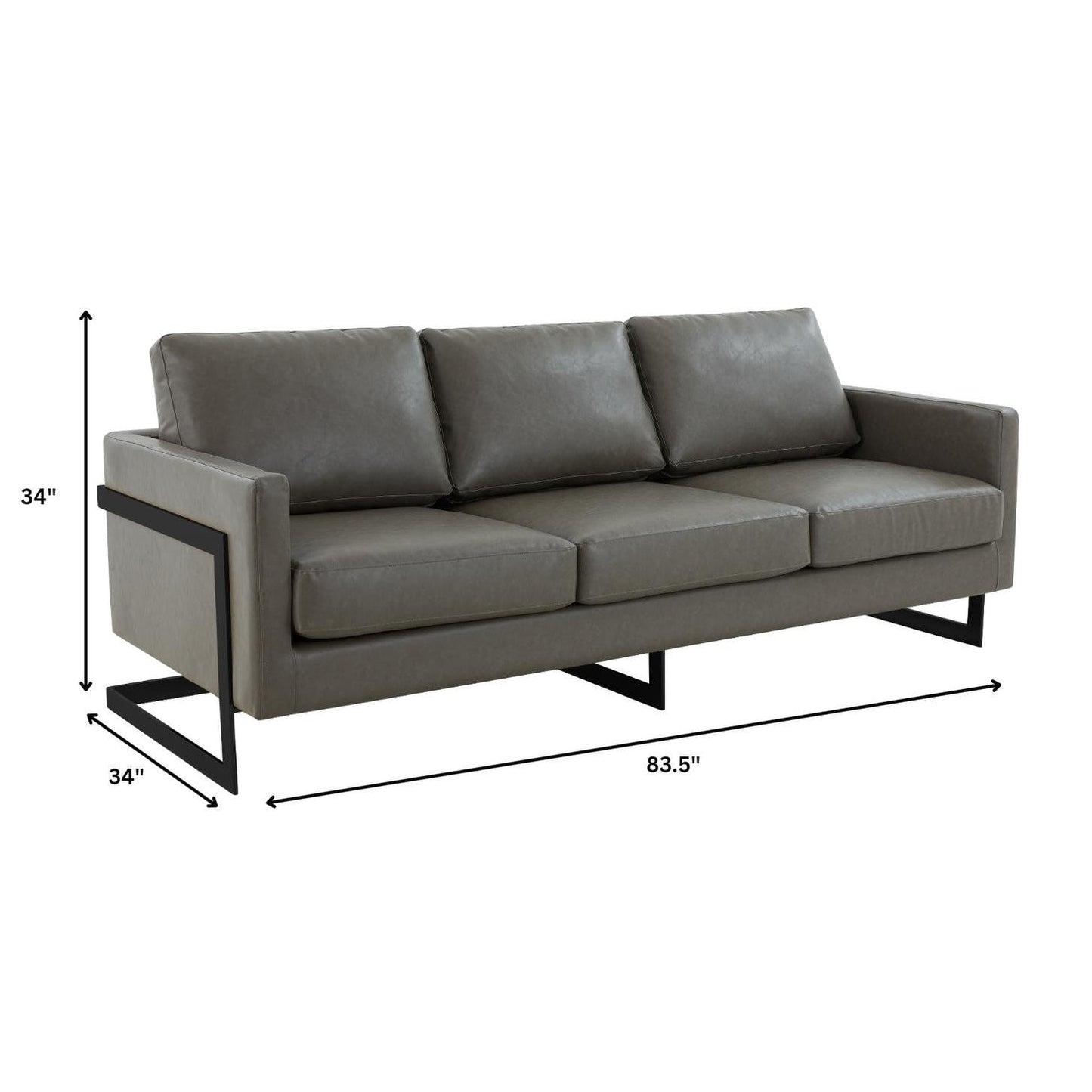 Canapé 3 places minimaliste en cuir rembourré avec coussins amovibles en acier inoxydable pour salon et chambre à coucher