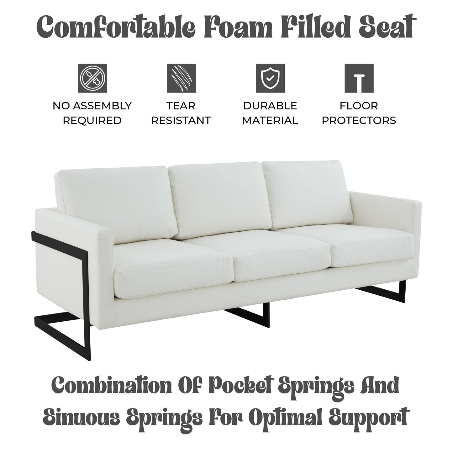 Canapé 3 places minimaliste en cuir rembourré avec coussins amovibles en acier inoxydable pour salon et chambre à coucher