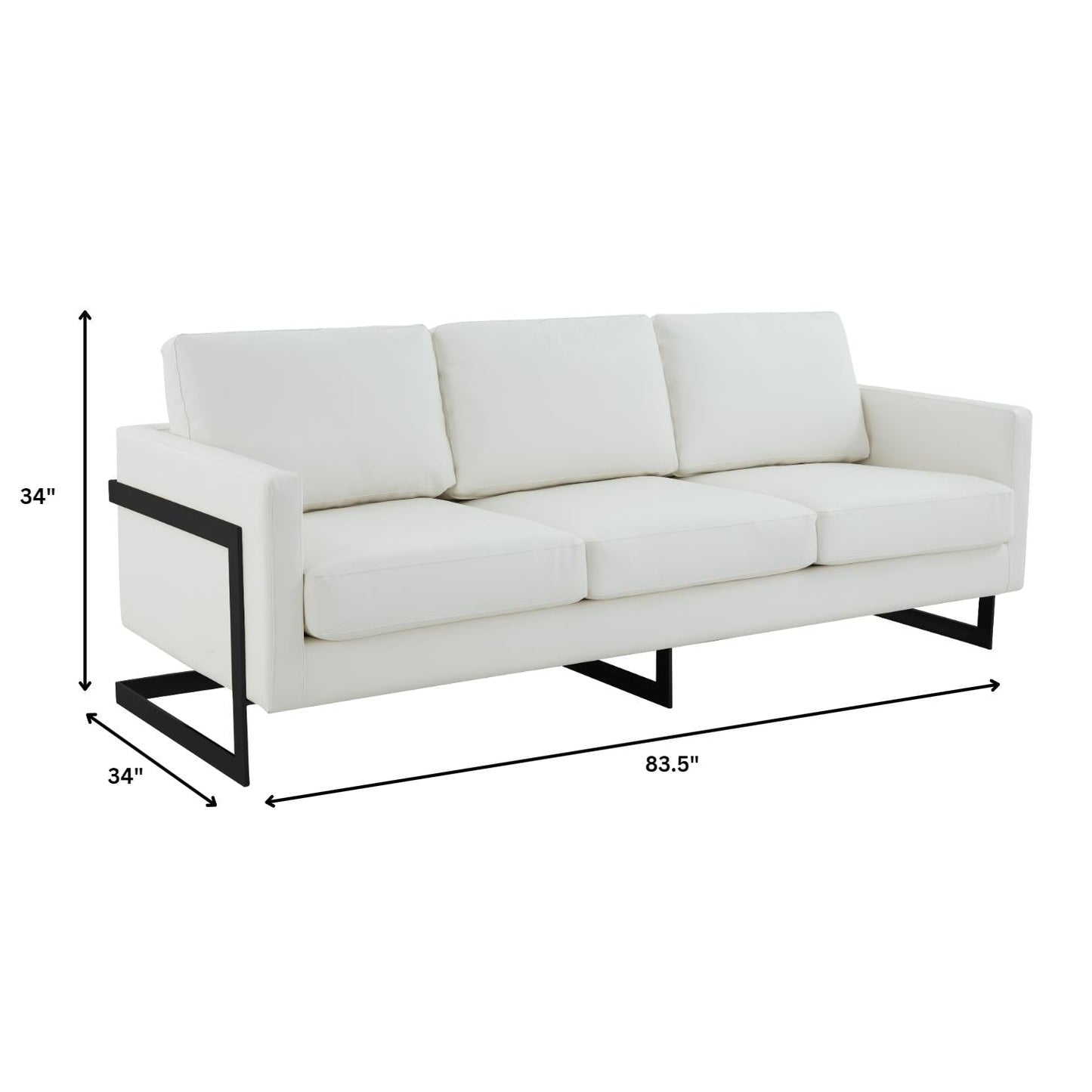 Canapé 3 places minimaliste en cuir rembourré avec coussins amovibles en acier inoxydable pour salon et chambre à coucher