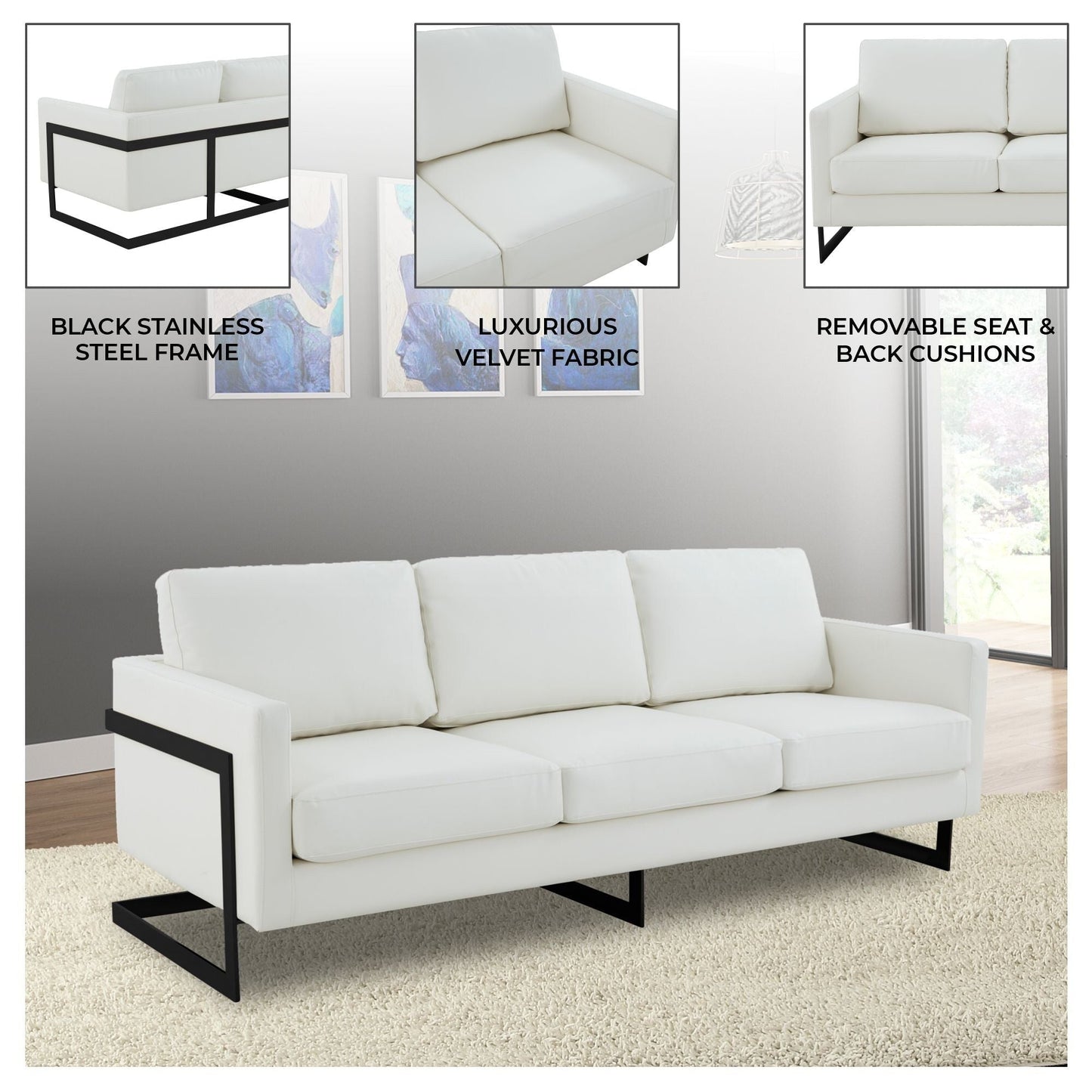 Canapé 3 places minimaliste en cuir rembourré avec coussins amovibles en acier inoxydable pour salon et chambre à coucher