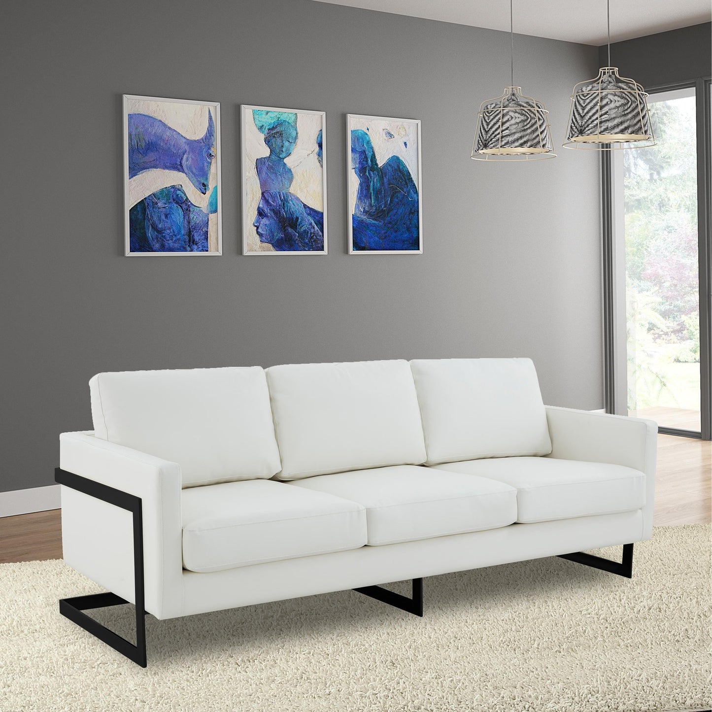 Canapé 3 places minimaliste en cuir rembourré avec coussins amovibles en acier inoxydable pour salon et chambre à coucher
