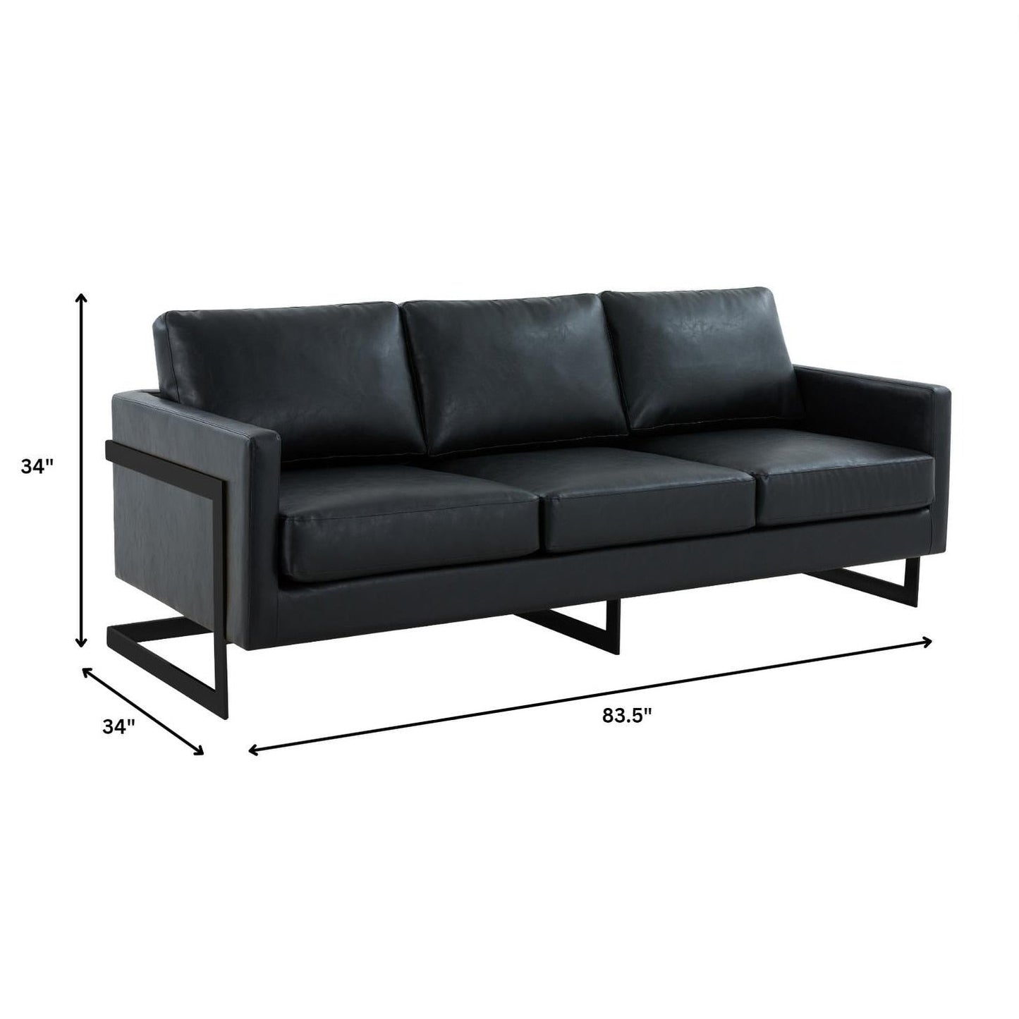 Canapé 3 places minimaliste en cuir rembourré avec coussins amovibles en acier inoxydable pour salon et chambre à coucher