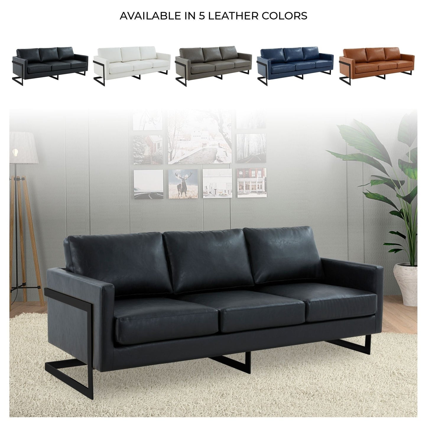 Canapé 3 places minimaliste en cuir rembourré avec coussins amovibles en acier inoxydable pour salon et chambre à coucher