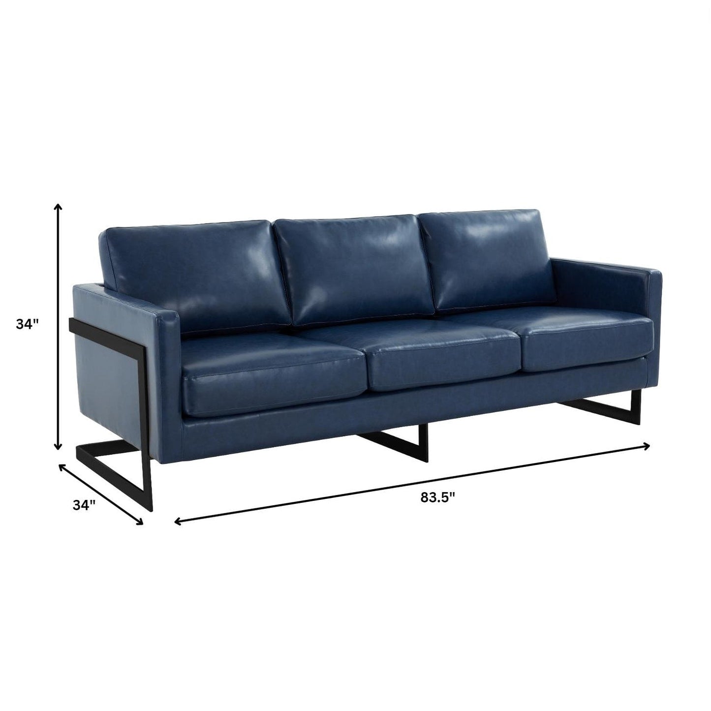 Canapé 3 places minimaliste en cuir rembourré avec coussins amovibles en acier inoxydable pour salon et chambre à coucher