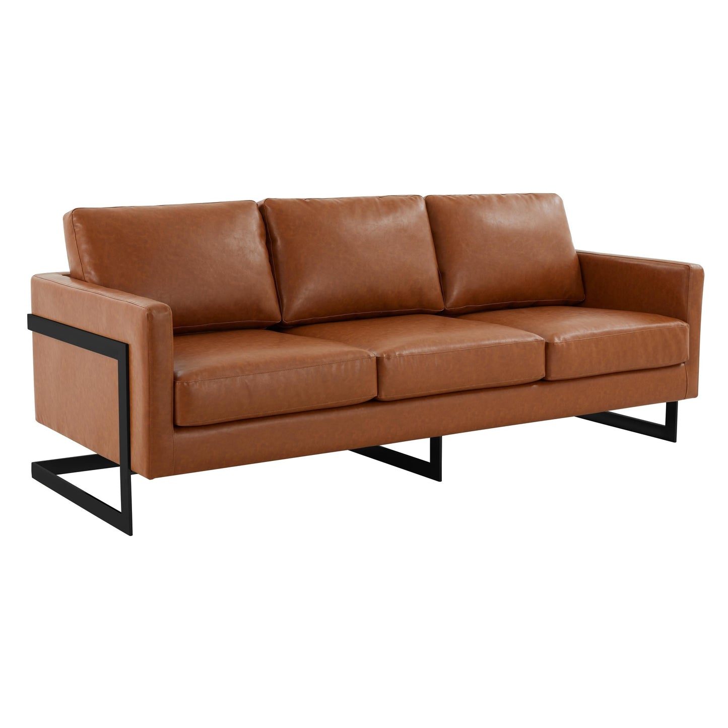Canapé 3 places minimaliste en cuir rembourré avec coussins amovibles en acier inoxydable pour salon et chambre à coucher