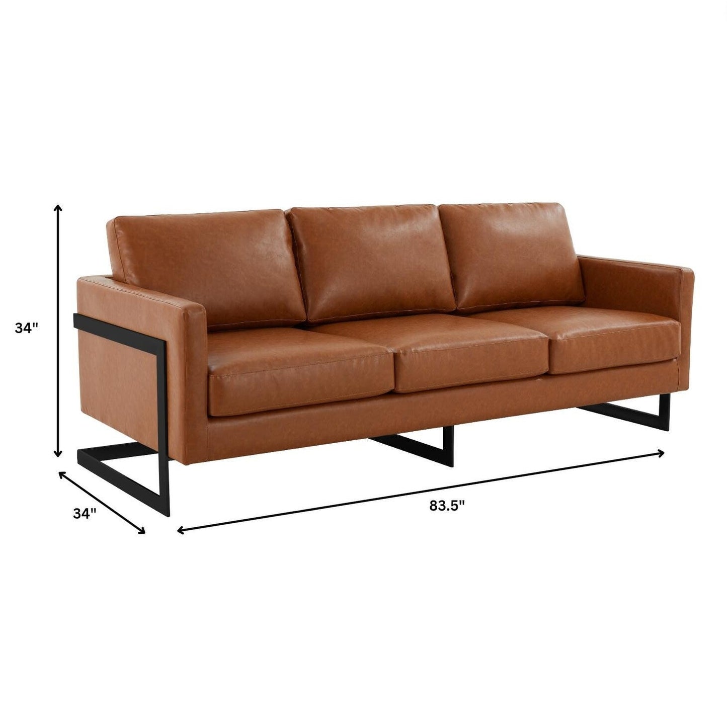 Canapé 3 places minimaliste en cuir rembourré avec coussins amovibles en acier inoxydable pour salon et chambre à coucher