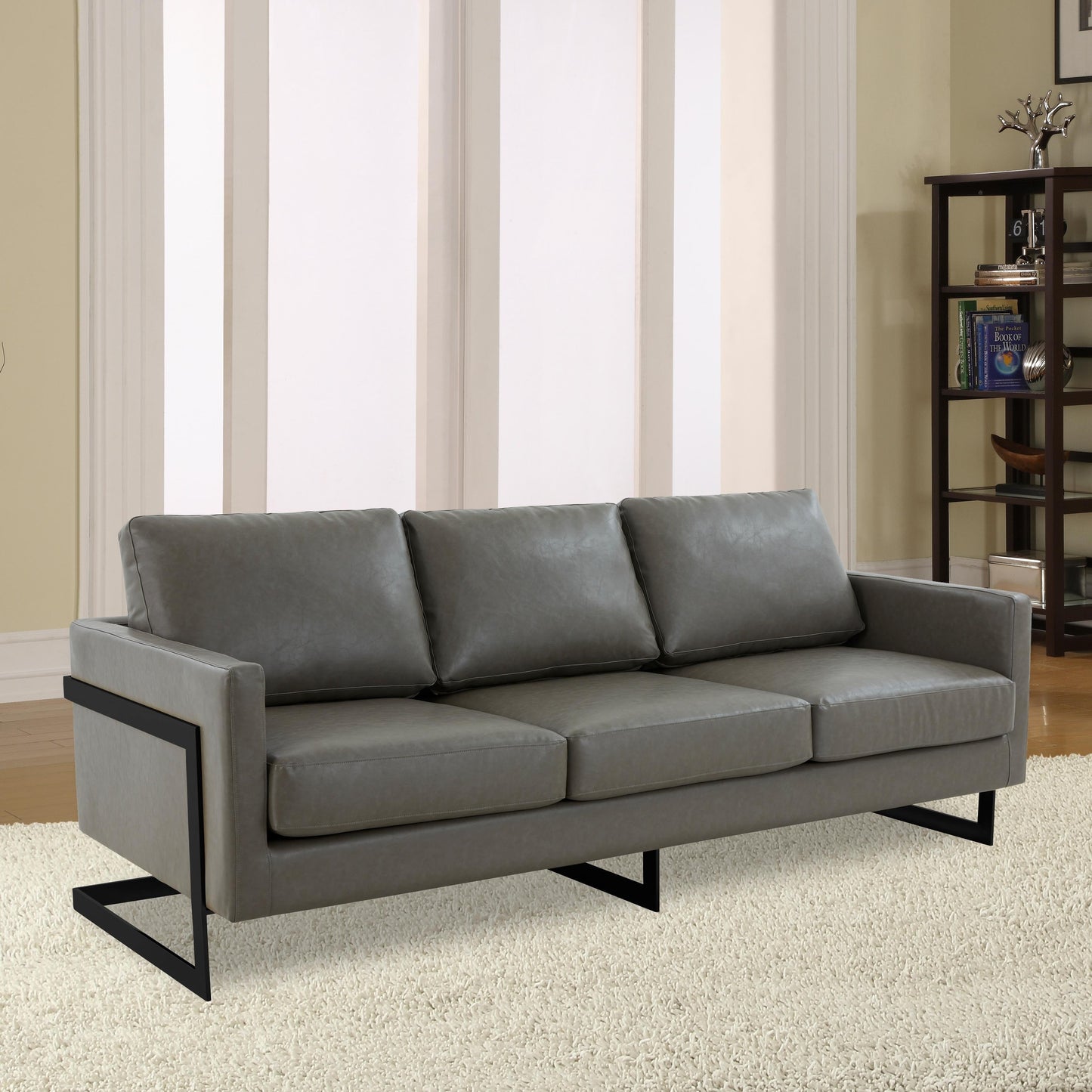 Canapé 3 places minimaliste en cuir rembourré avec coussins amovibles en acier inoxydable pour salon et chambre à coucher