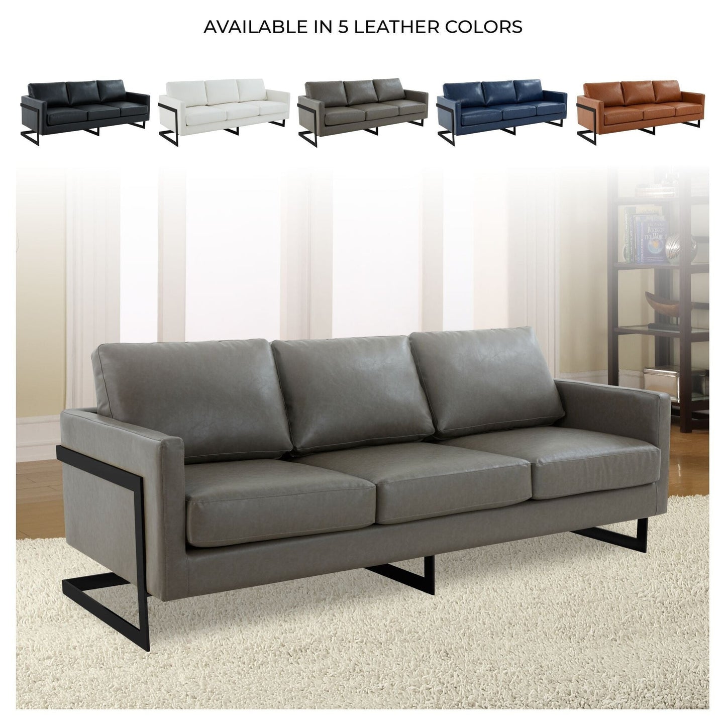 Canapé 3 places minimaliste en cuir rembourré avec coussins amovibles en acier inoxydable pour salon et chambre à coucher