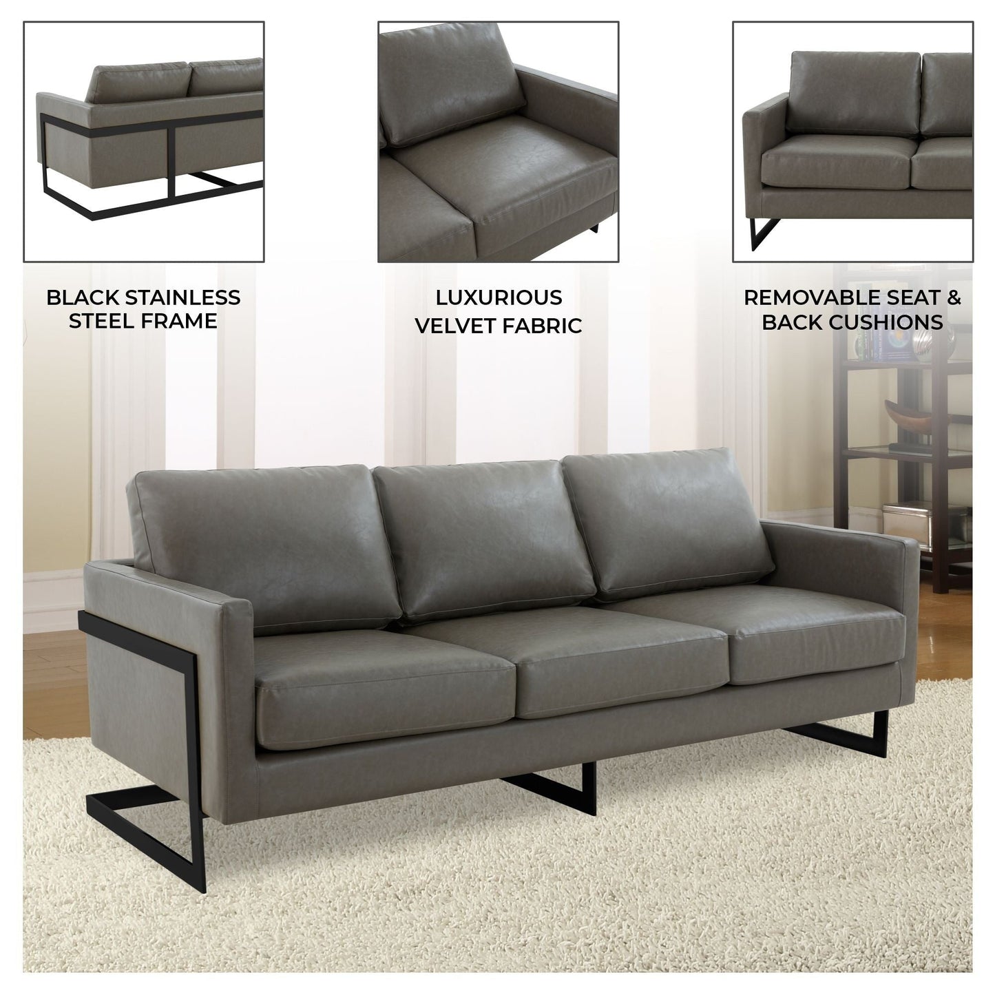 Canapé 3 places minimaliste en cuir rembourré avec coussins amovibles en acier inoxydable pour salon et chambre à coucher
