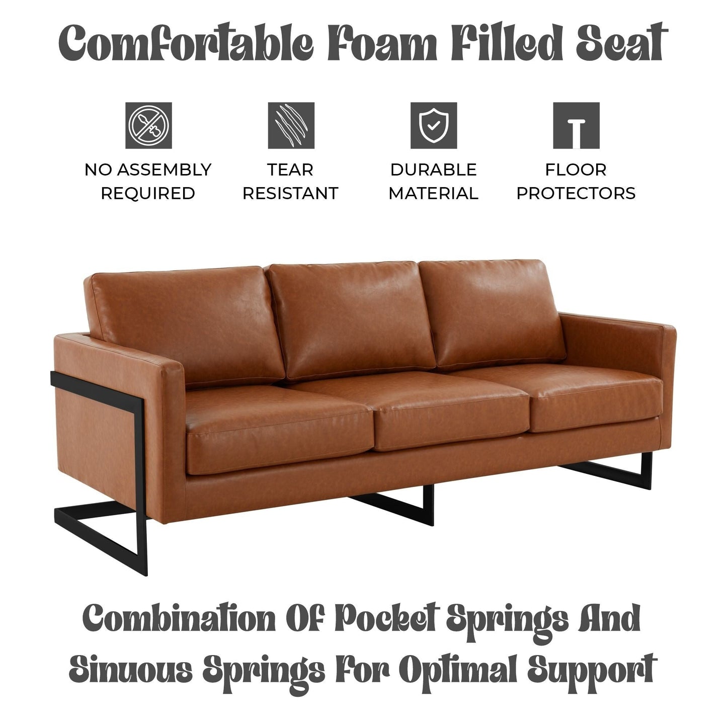 Canapé 3 places minimaliste en cuir rembourré avec coussins amovibles en acier inoxydable pour salon et chambre à coucher