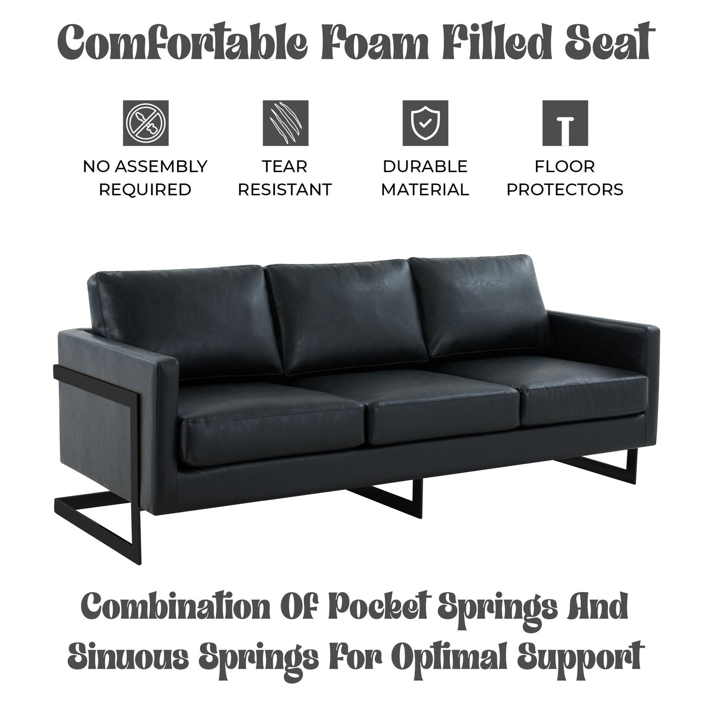 Canapé 3 places minimaliste en cuir rembourré avec coussins amovibles en acier inoxydable pour salon et chambre à coucher