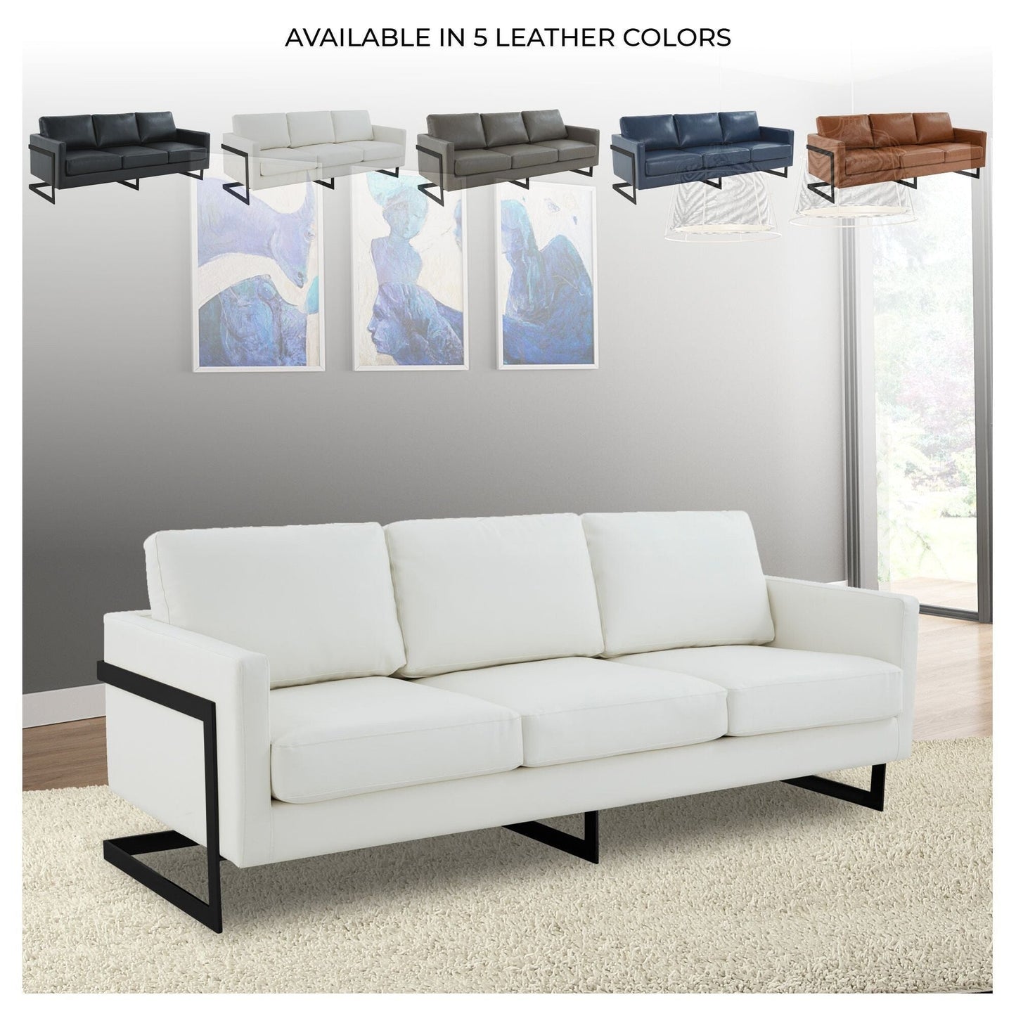 Canapé 3 places minimaliste en cuir rembourré avec coussins amovibles en acier inoxydable pour salon et chambre à coucher