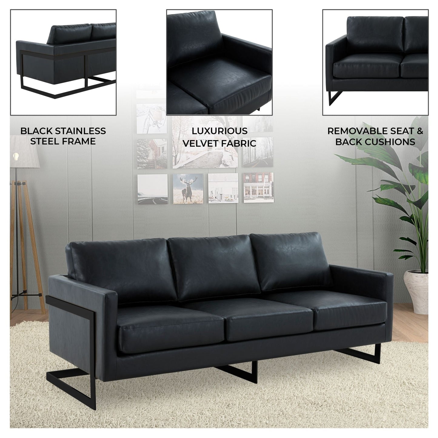 Canapé 3 places minimaliste en cuir rembourré avec coussins amovibles en acier inoxydable pour salon et chambre à coucher