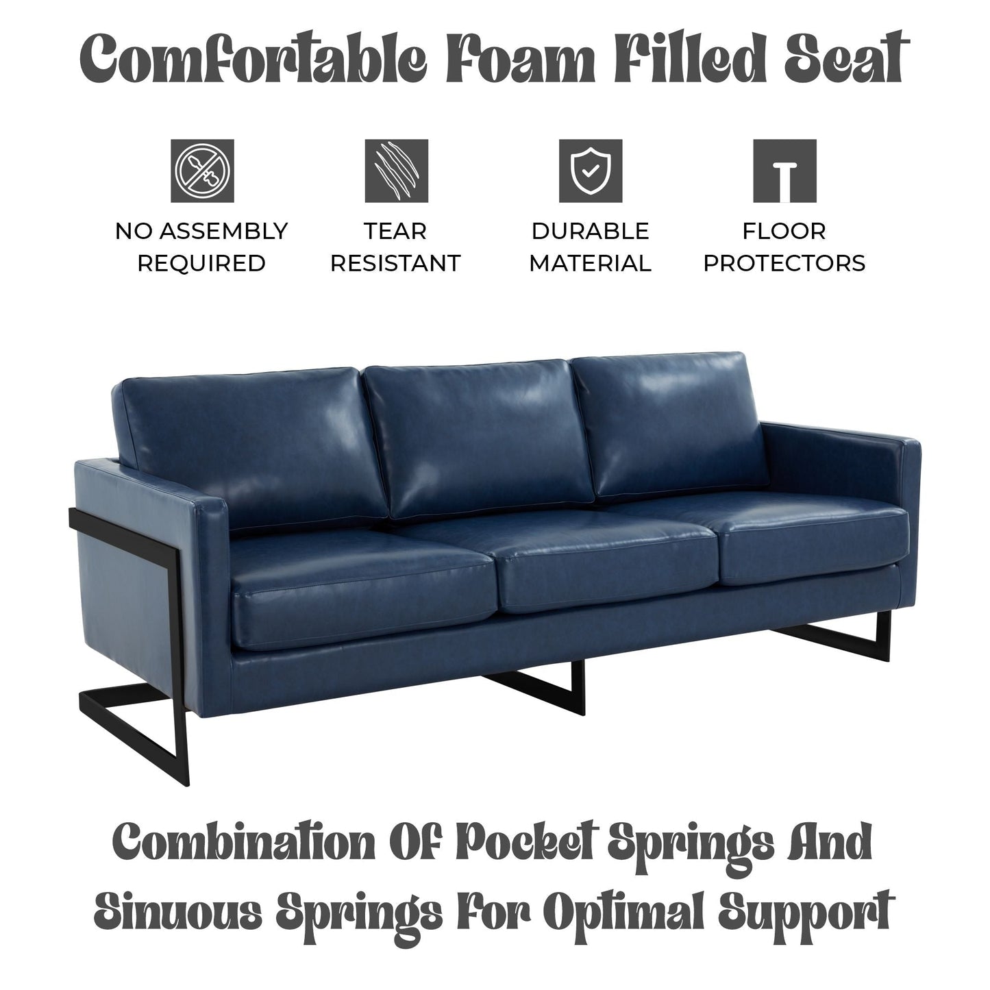 Canapé 3 places minimaliste en cuir rembourré avec coussins amovibles en acier inoxydable pour salon et chambre à coucher
