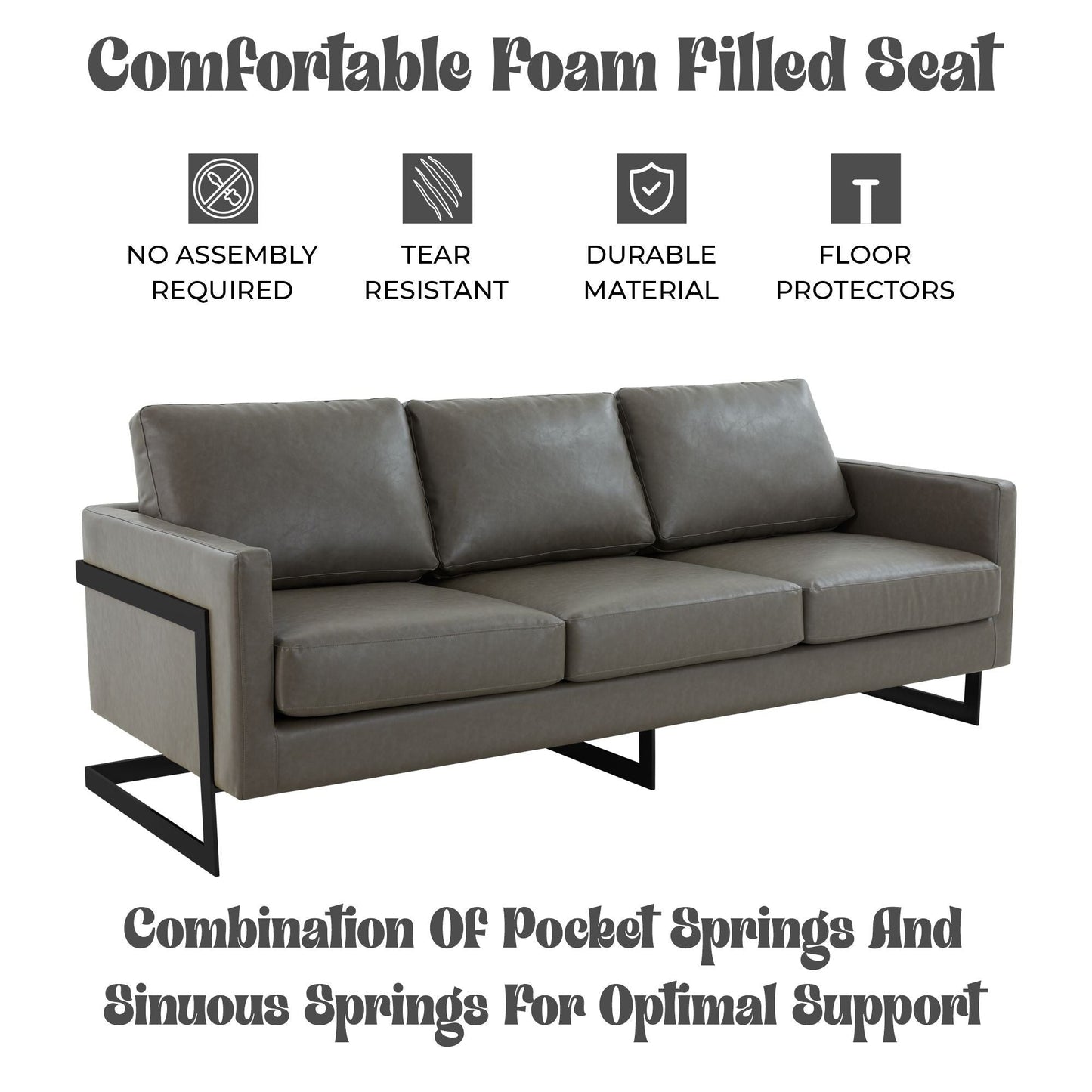 Canapé 3 places minimaliste en cuir rembourré avec coussins amovibles en acier inoxydable pour salon et chambre à coucher