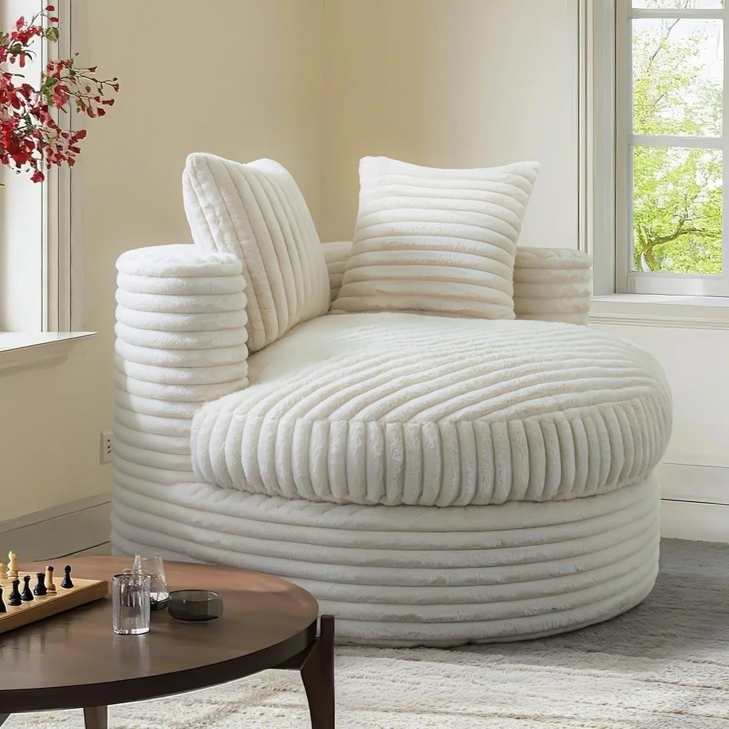 WOWMAX 47 Chaise longue ronde d'intérieur, canapé de sol rembourré en velours côtelé, fauteuil-lit surdimensionné avec 2 coussins décoratifs
