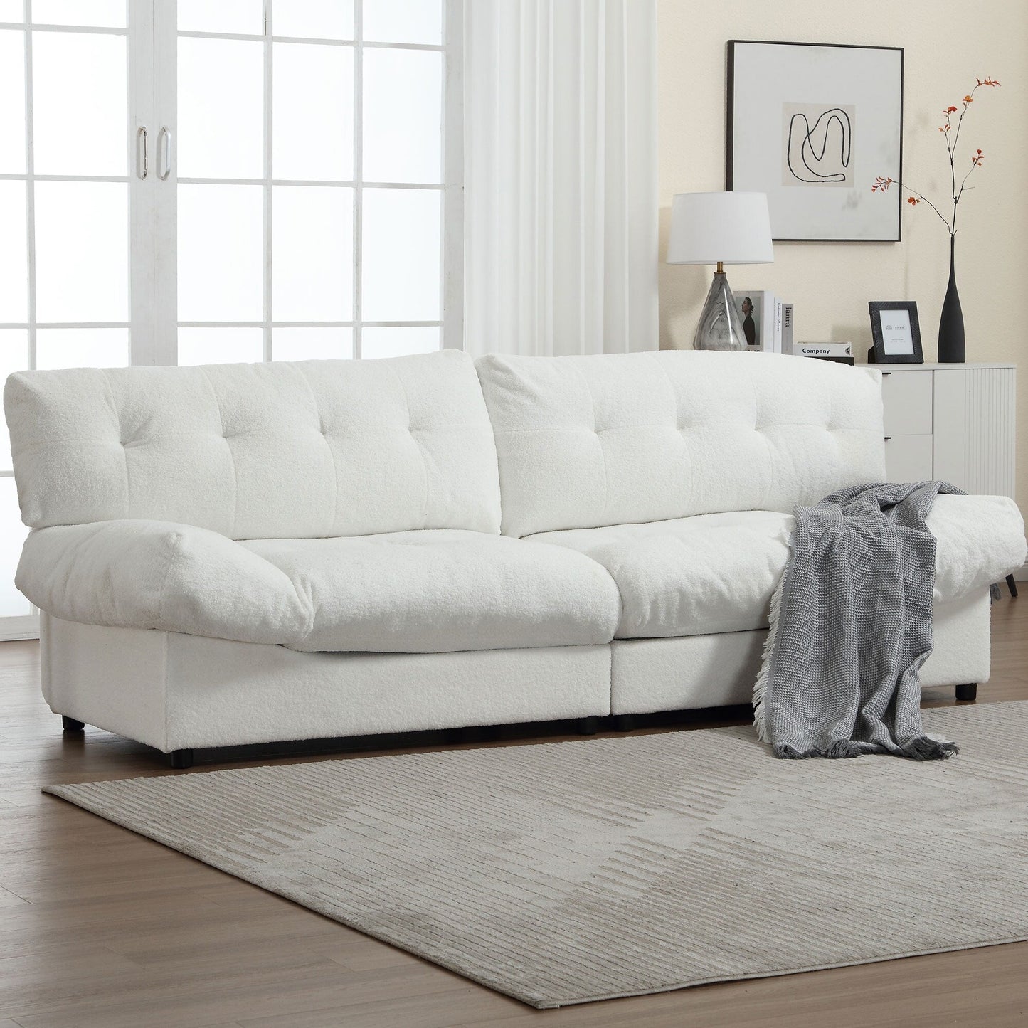 Canapé 2 places en tissu blanc 96,46 avec capitonnage à boutons, cadre confortable et robuste pour appartements et salons