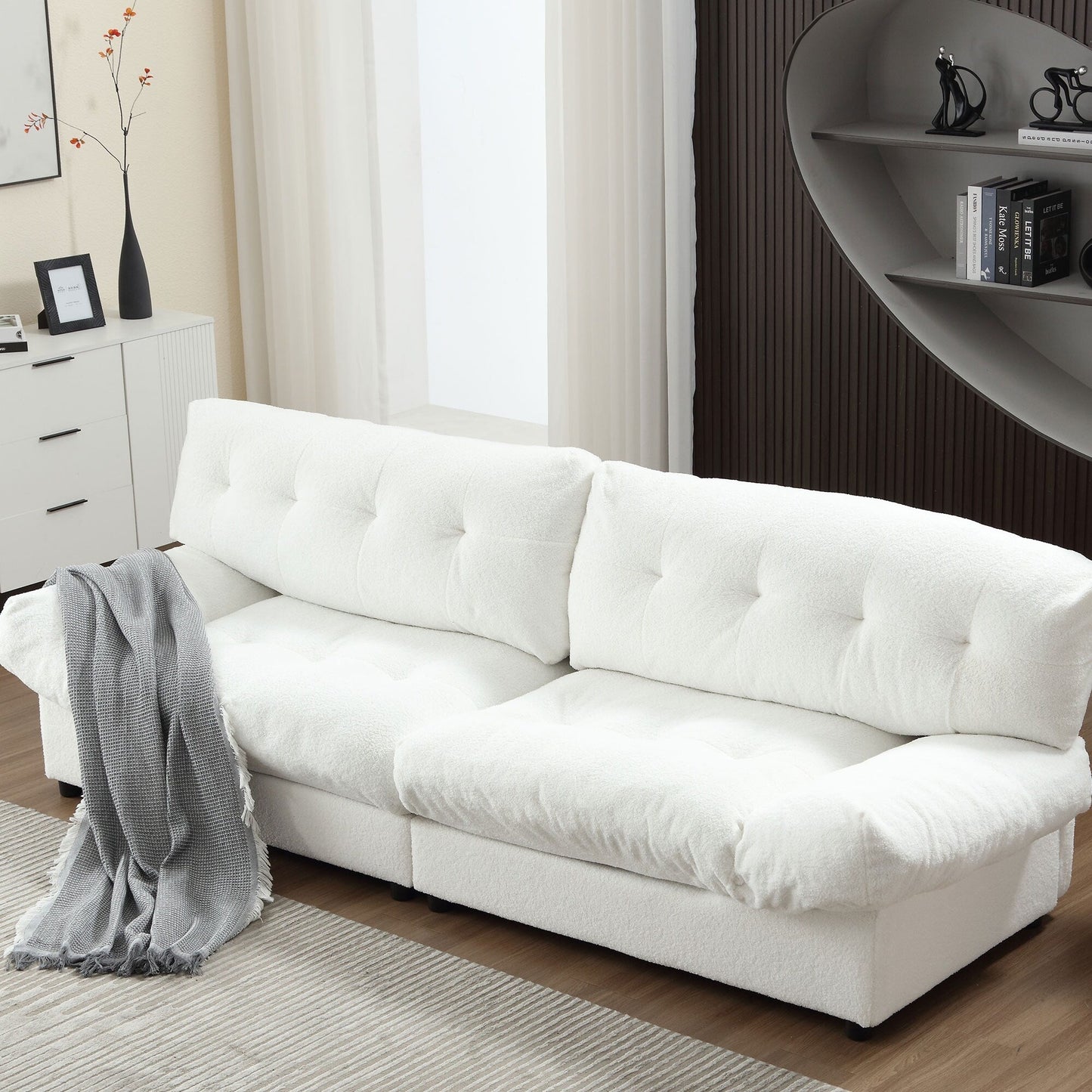 Canapé 2 places en tissu blanc de 96,46 pouces avec capitonnage à boutons et cadre confortable