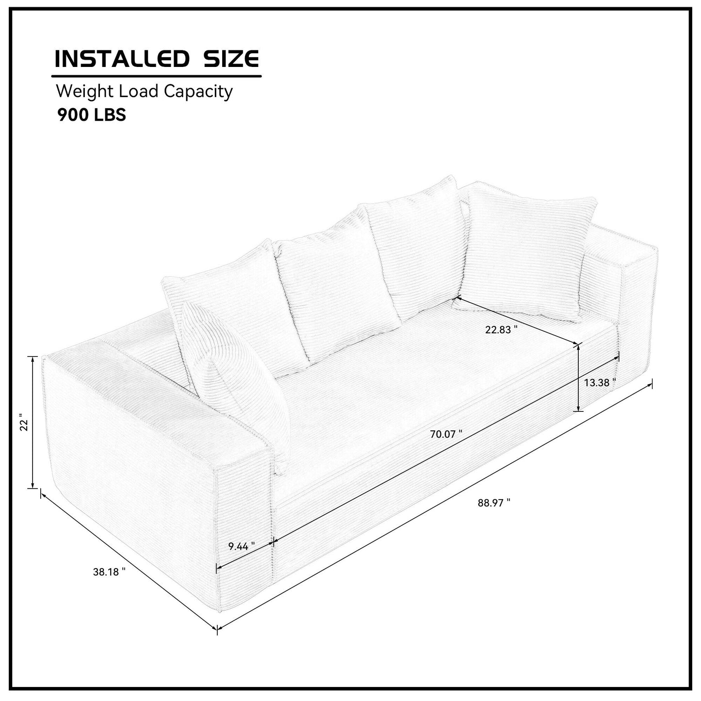 Canapé 3 places rembourré en velours côtelé blanc avec 5 coussins décoratifs