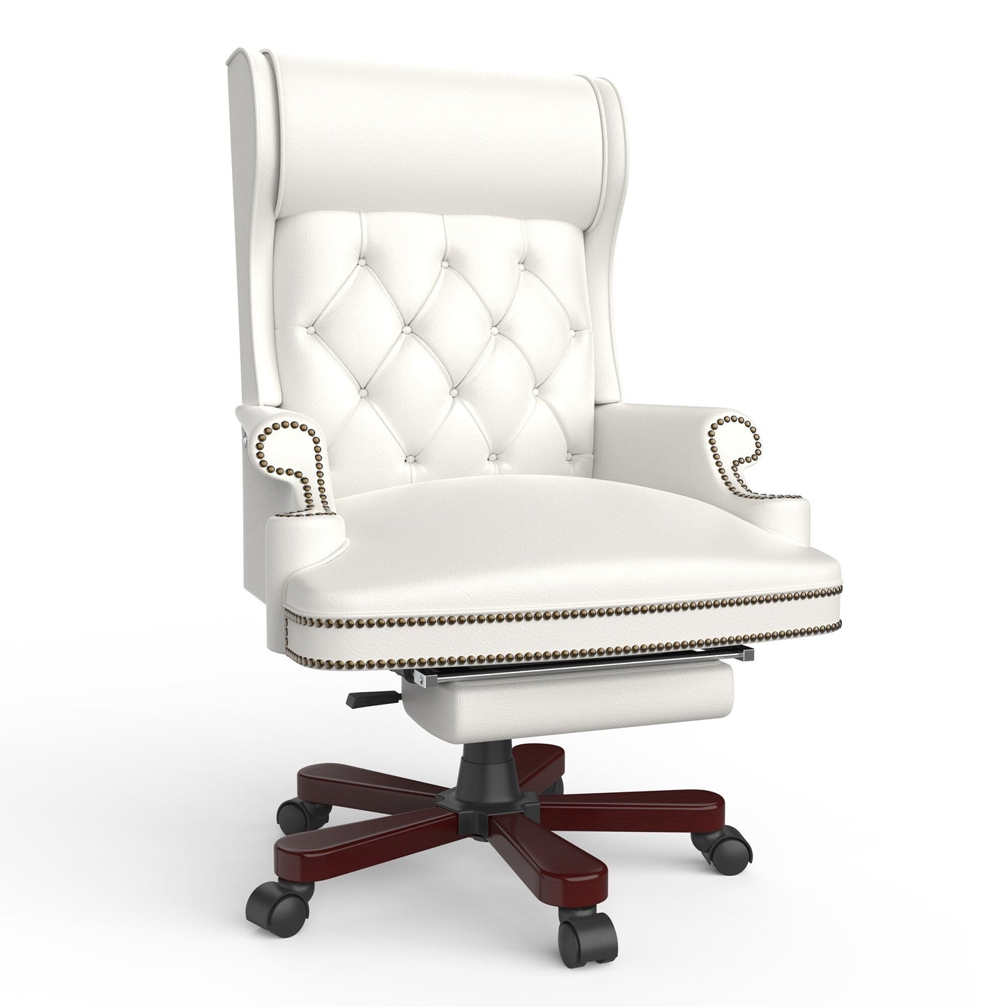Fauteuil de bureau pivotant ergonomique en cuir PU blanc avec repose-pieds, dossier capitonné et décoration cloutée