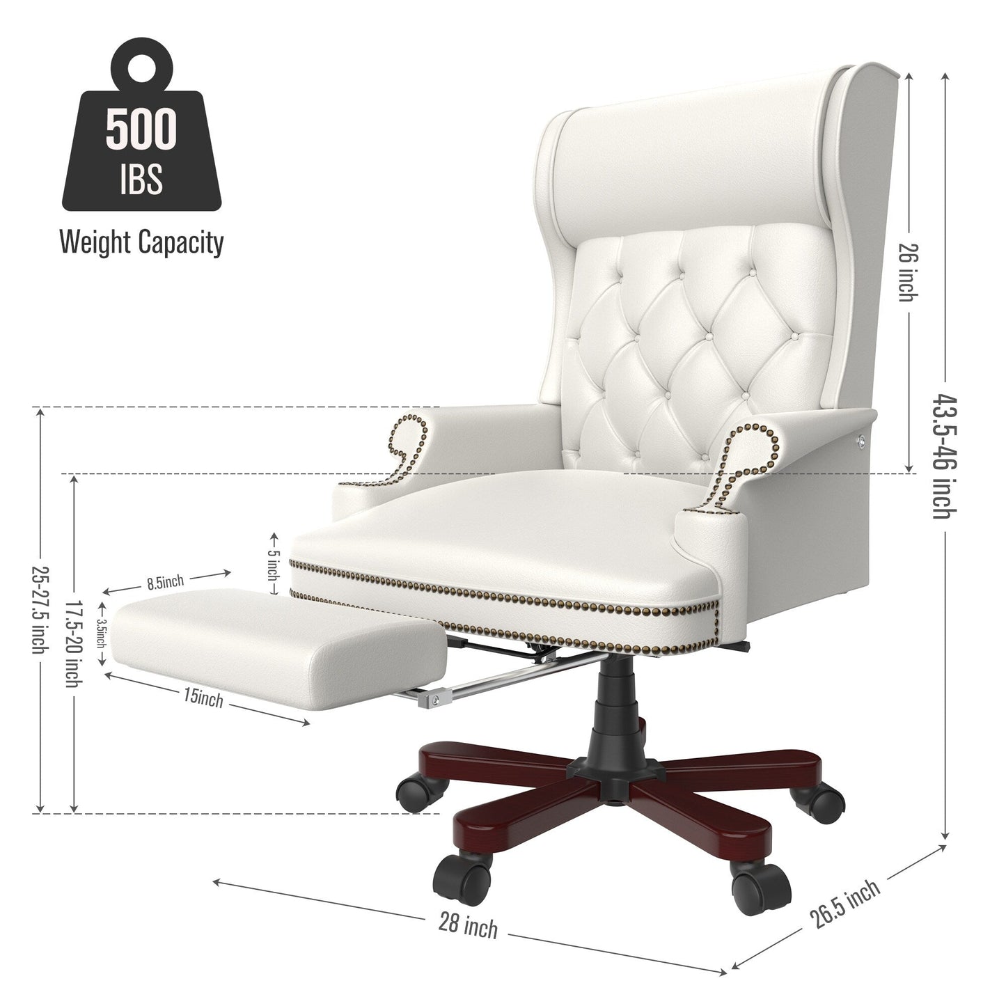Fauteuil de bureau pivotant ergonomique en cuir PU blanc avec repose-pieds, dossier capitonné et décoration cloutée